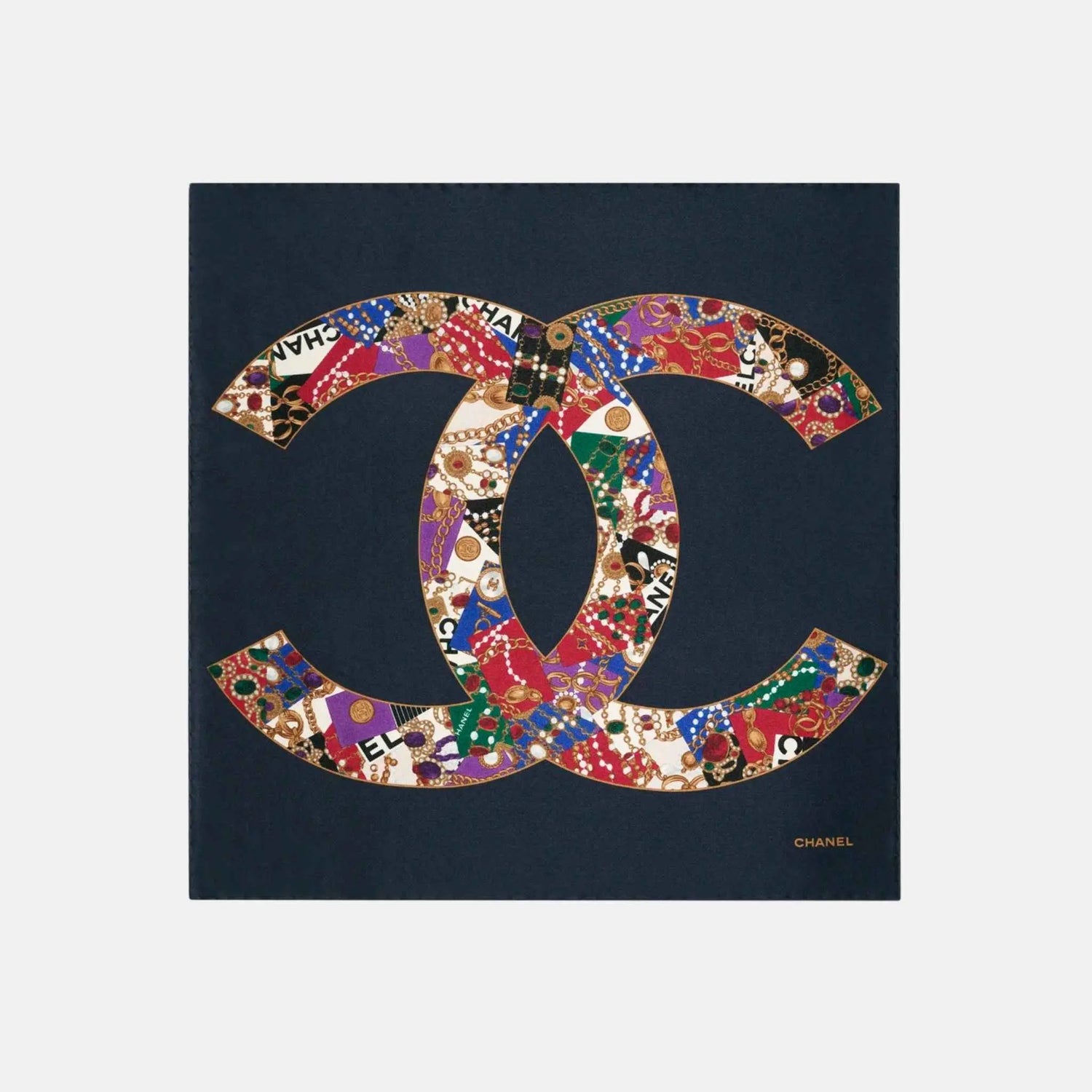 Chanel Mini Bandana in Silk Satin Navy Blue and Golden