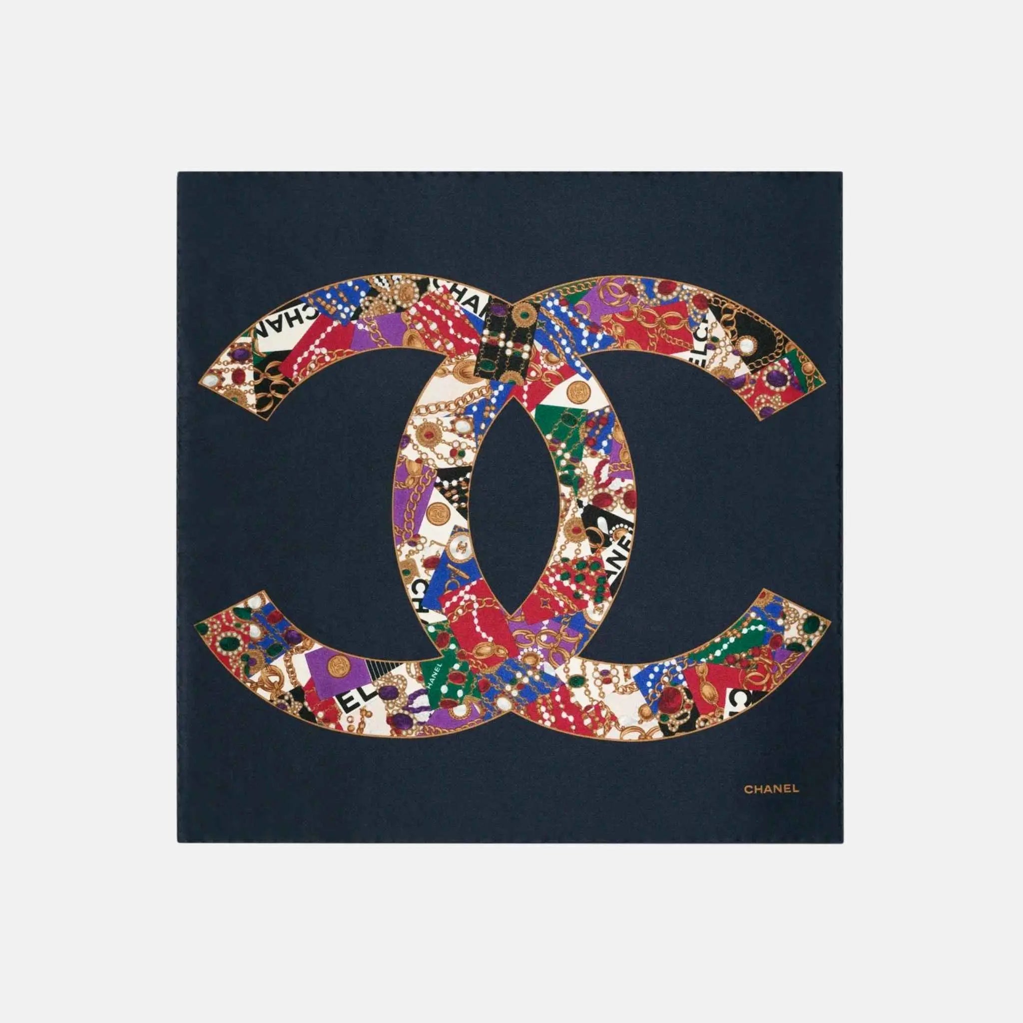 Chanel Mini Bandana in Silk Satin Navy Blue and Golden