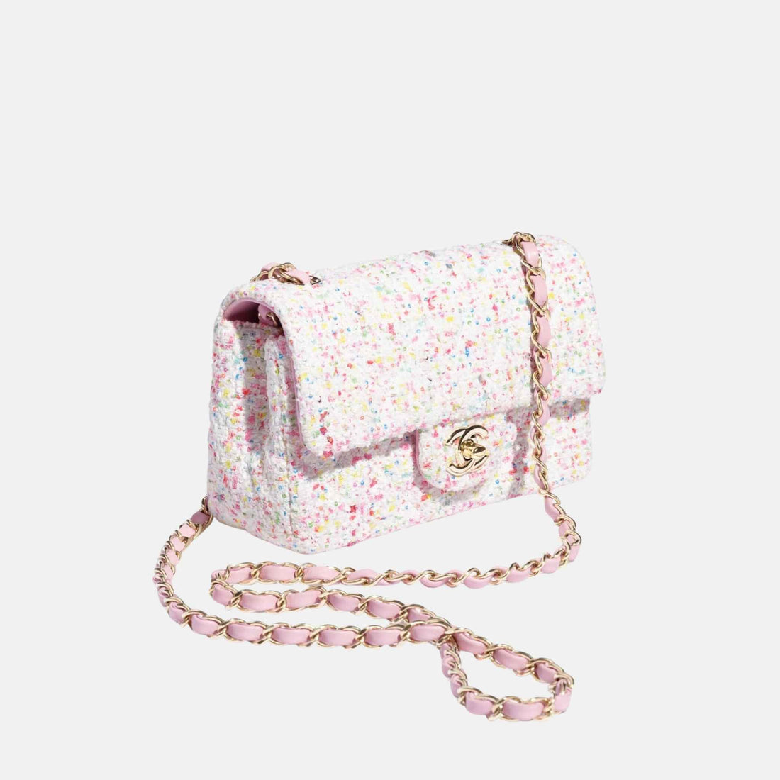 حقيبة Chanel ميني كلاسيكية من التويد والمعدن الذهبي، من الجانب