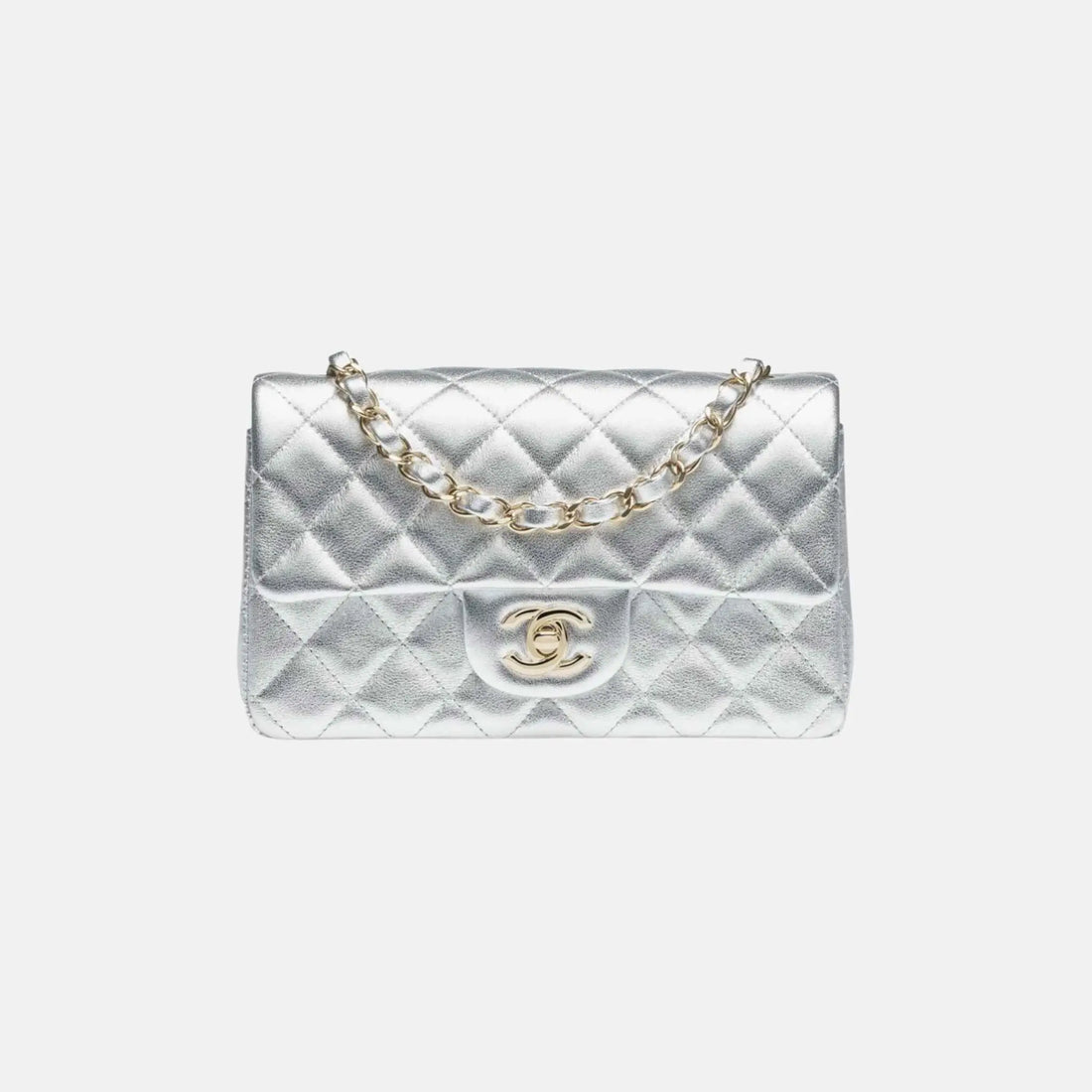 Chanel Mini Classic Handbag Metallic Calfskin Gold Metal in Silvery