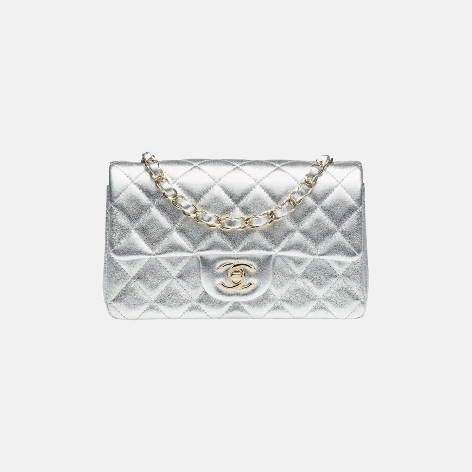 Chanel Mini Classic Handbag Metallic Calfskin Gold Metal in Silvery