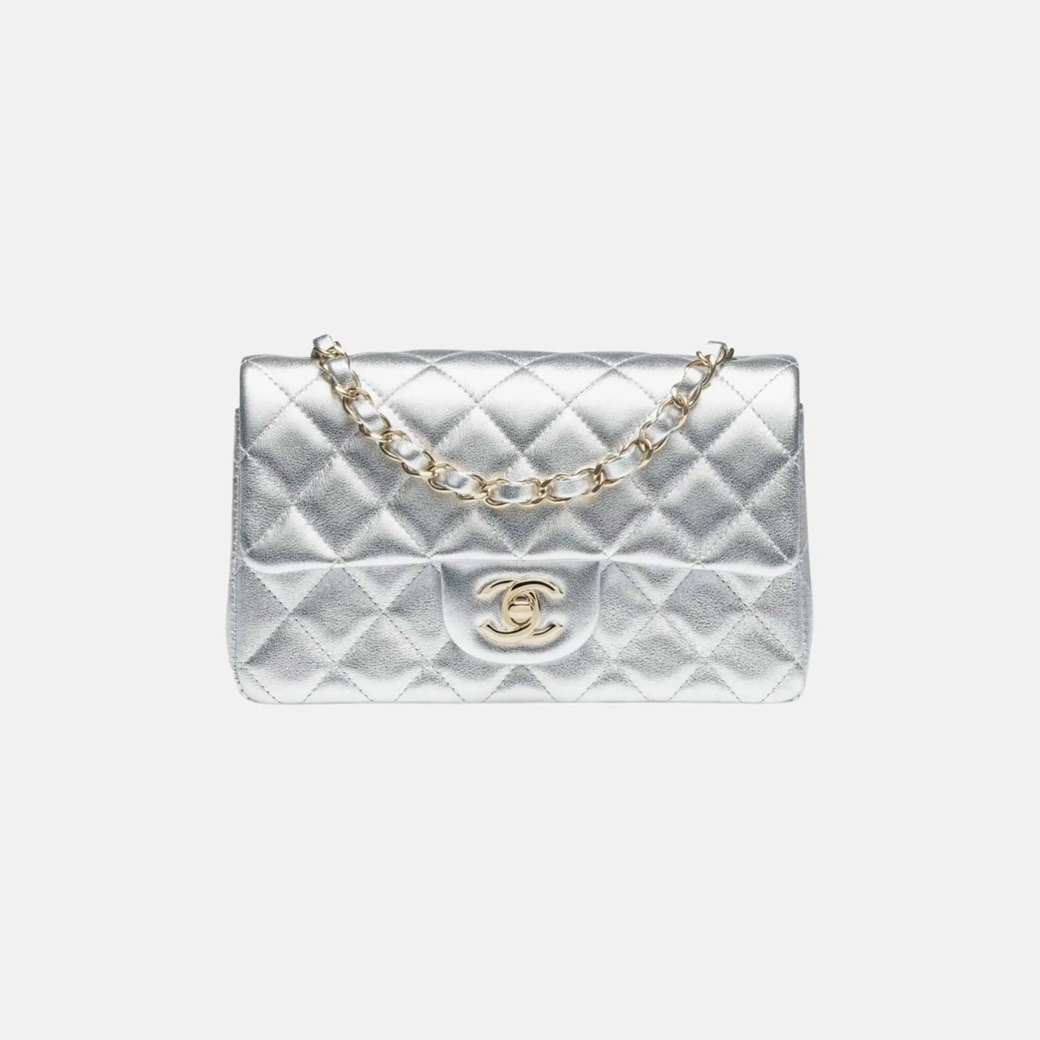 Chanel Mini Classic Handbag Metallic Calfskin Gold Metal in Silvery