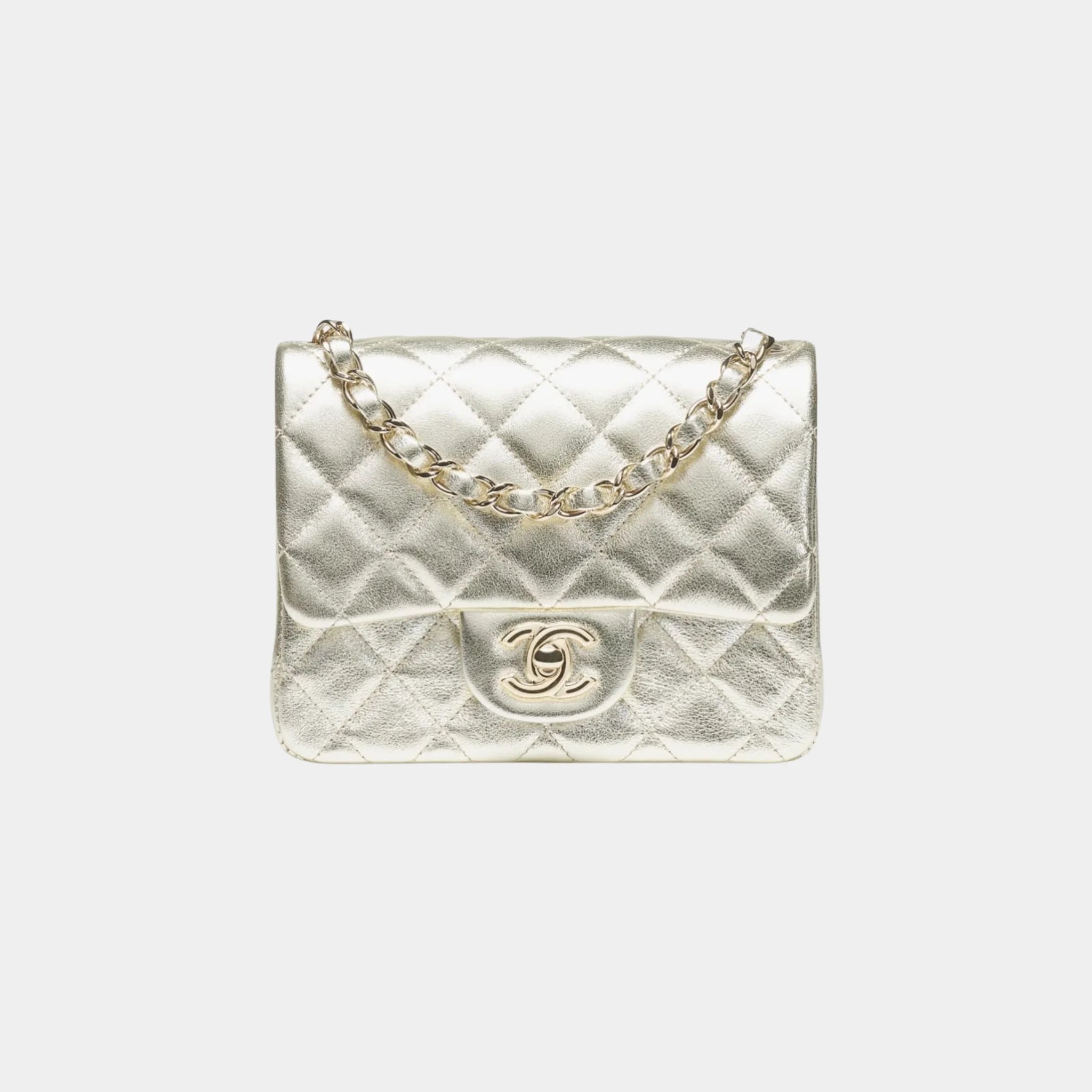 Chanel Mini Classic Handbag, Metallic Calfskin, Light Gold