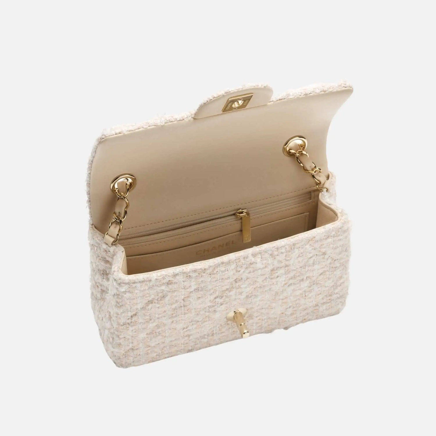 Chanel Mini Classic Handbag Tweed Fabrics in Gold Metal, Beige White, Inside