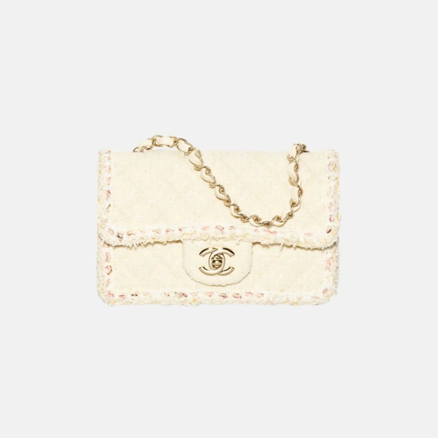 Chanel Mini Classic Handbag Tweed Fabrics in Gold Metal, Light Yellow, Front