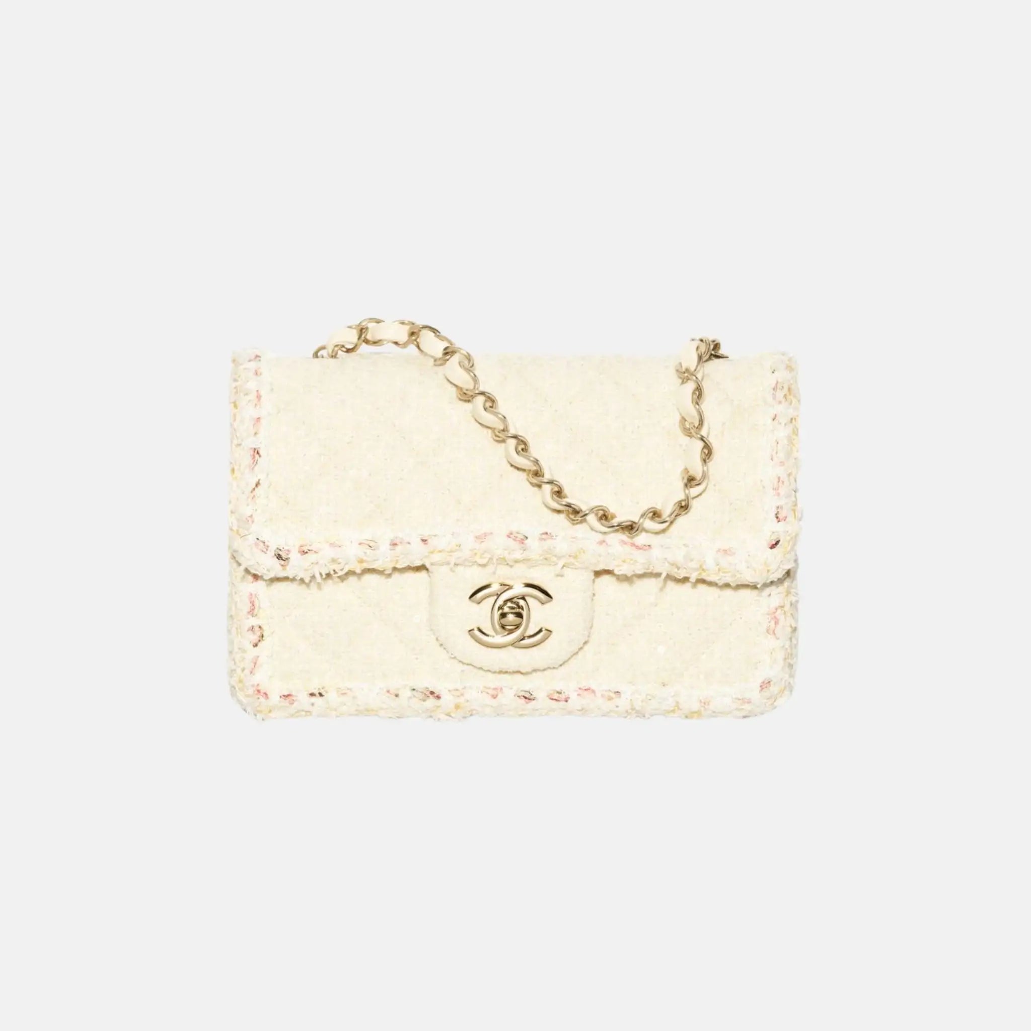 Chanel Mini Classic Handbag Tweed Fabrics in Gold Metal, Light Yellow, Front