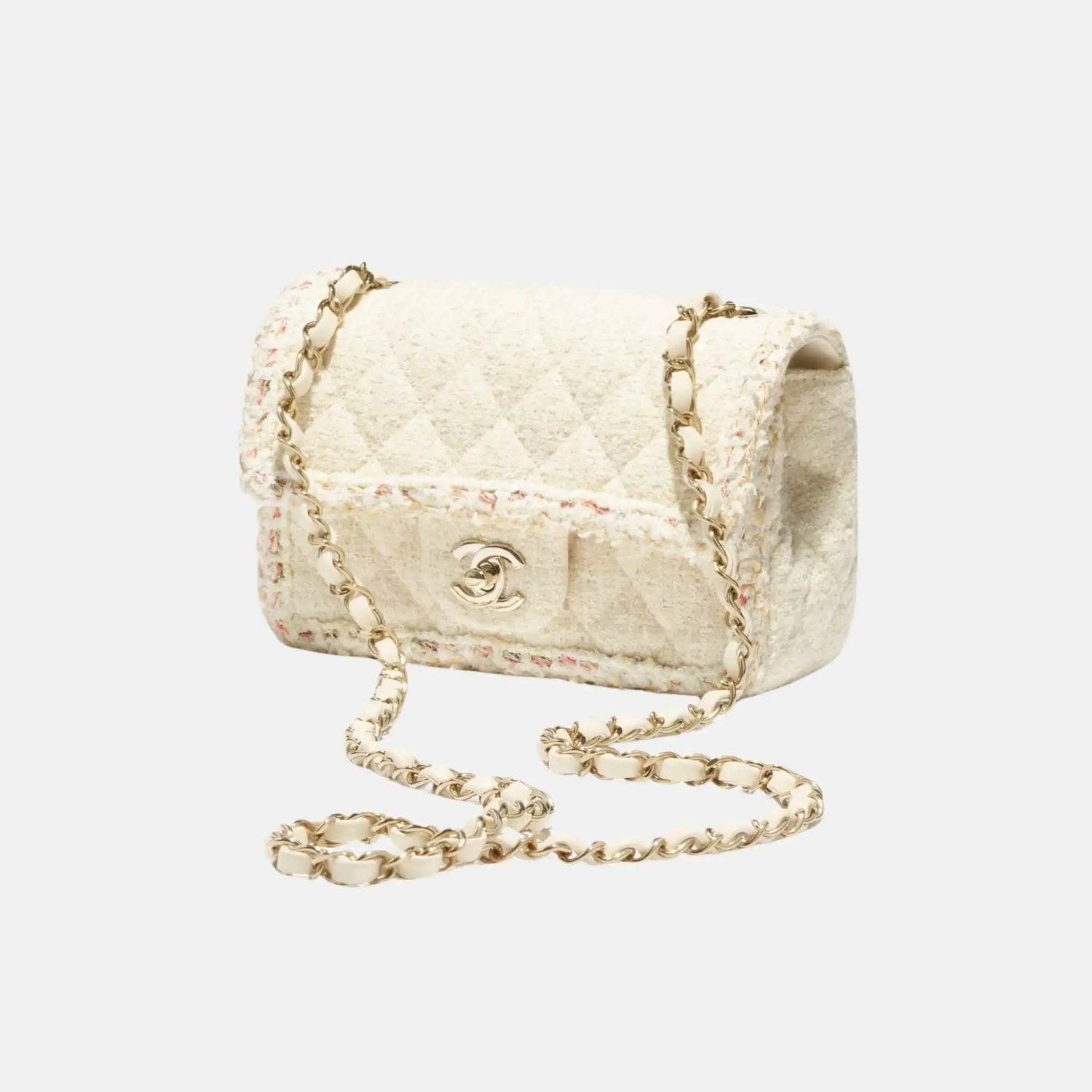 Chanel Mini Classic Handbag Tweed Fabrics in Gold Metal, Light Yellow, Side