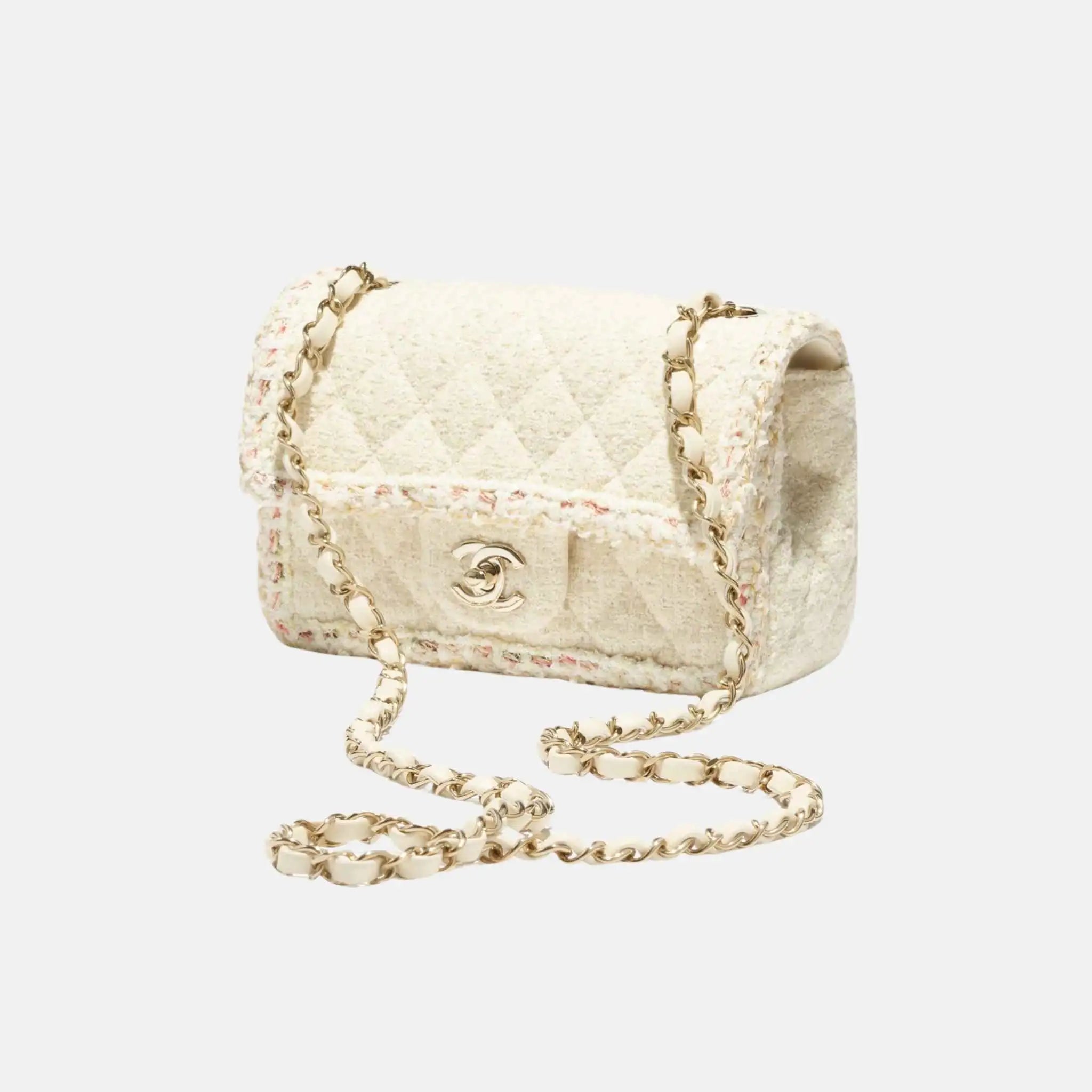 Chanel Mini Classic Handbag Tweed Fabrics in Gold Metal, Light Yellow, Side
