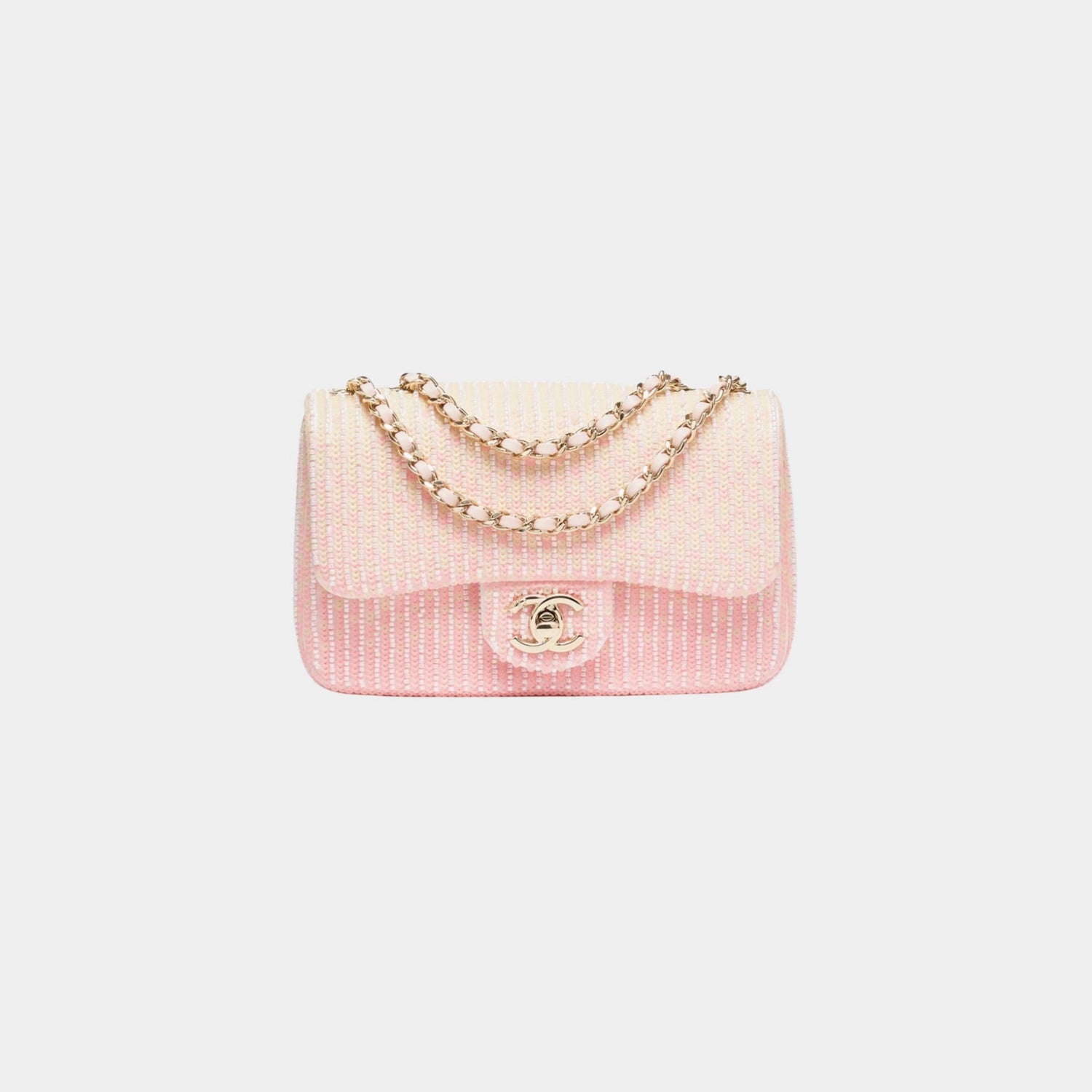 Chanel Mini Flap Bag Glass Beads Sequins &amp; Gold Metal Pink &amp; Yellow, Front 