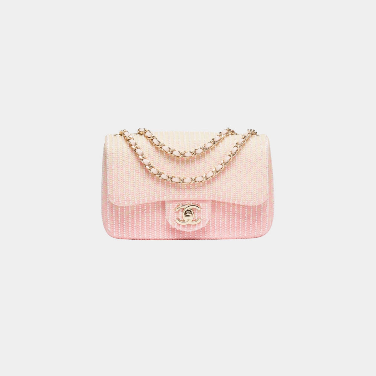Mini Flap Bag Glass Beads Sequins & Gold Tone Metal Pink & Yellow