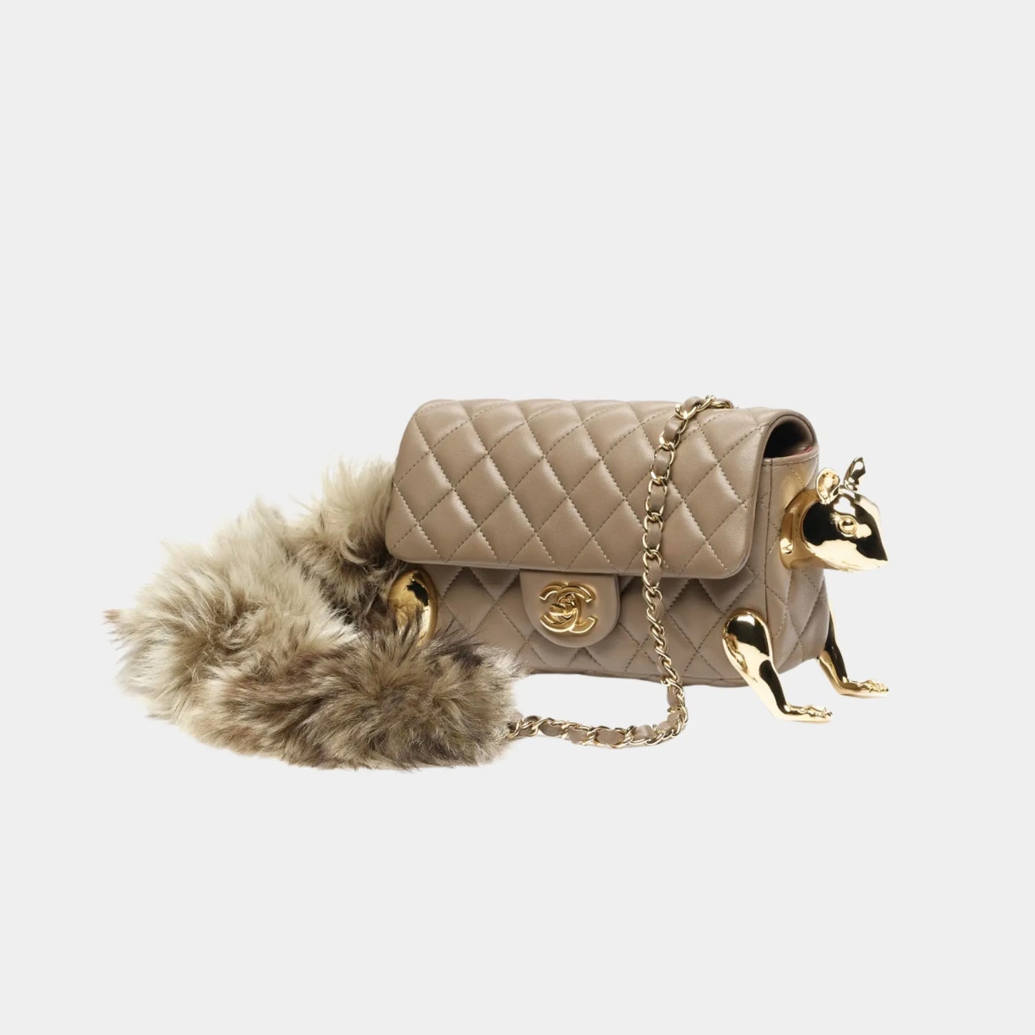 Chanel Mini Flap Bag in Lambskin with Metal &amp; Shearling Squirrel Motif, Side