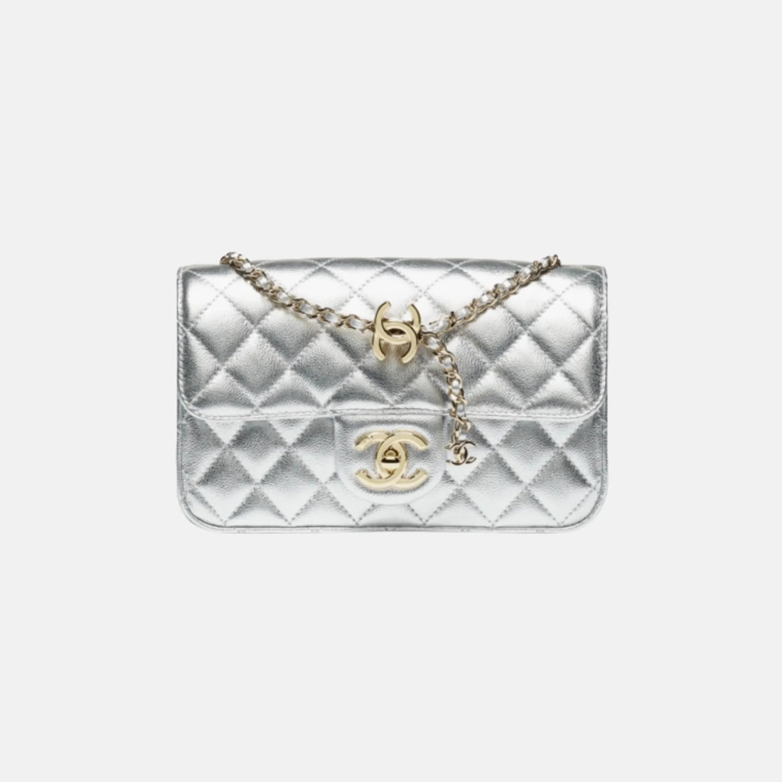 Mini Flap Bag Metallic Grained Calfskin in Silvery