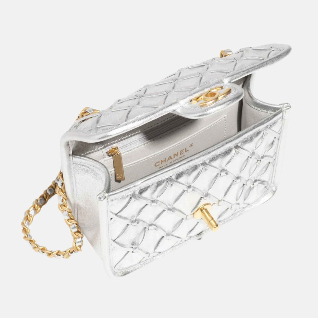 Chanel Mini Flap Bag In Metallized Braided Calfskin, Inside