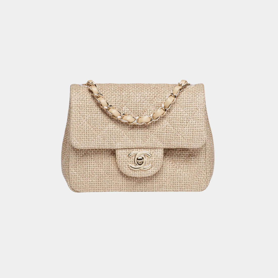 Chanel Mini Flap Bag in Raffia Effect Canvas & Gold-Tone Metal, Beige, Front