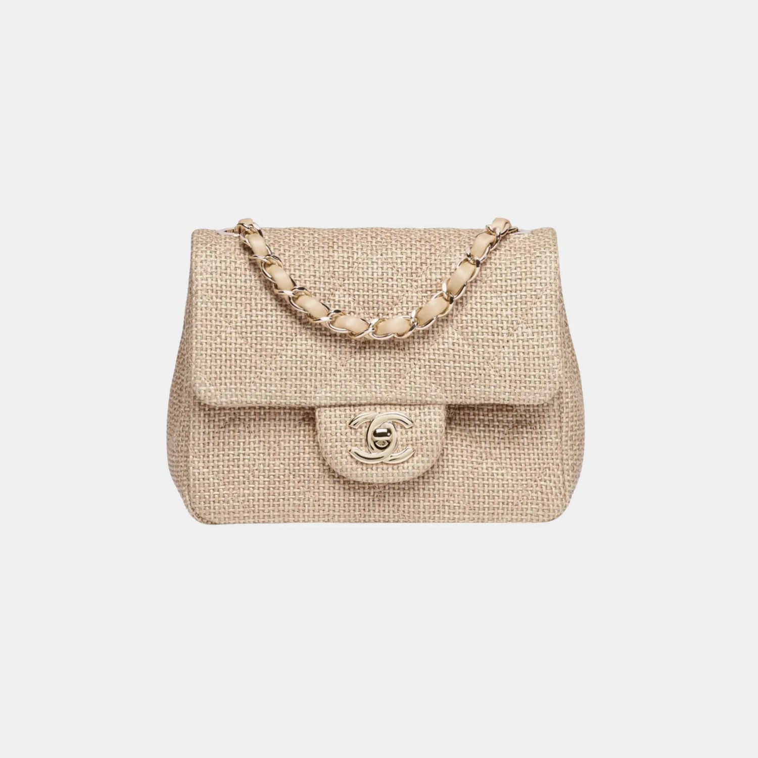 Chanel Mini Flap Bag in Raffia Effect Canvas &amp; Gold-Tone Metal, Beige, Front