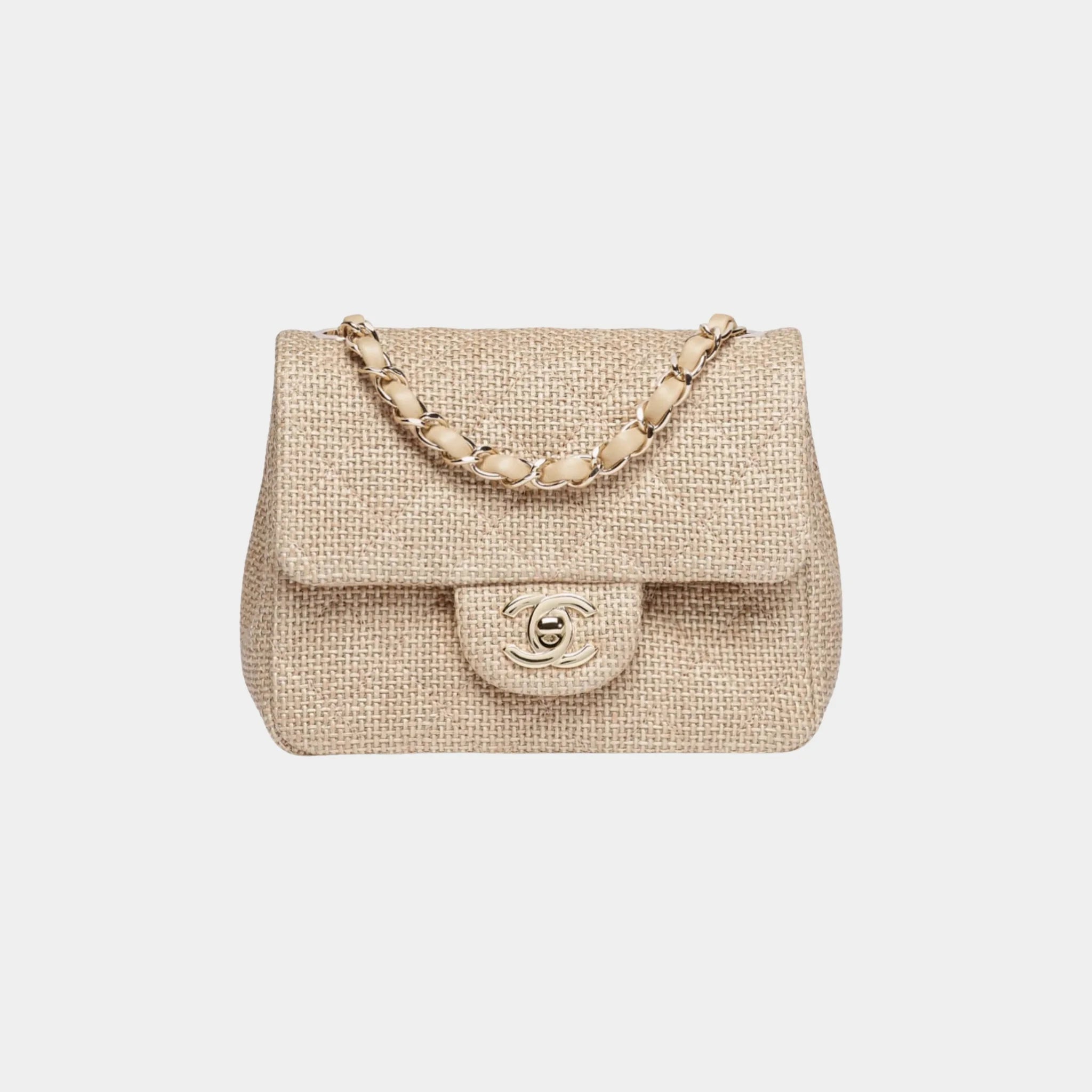 Chanel Mini Flap Bag in Raffia Effect Canvas &amp; Gold-Tone Metal, Beige, Front