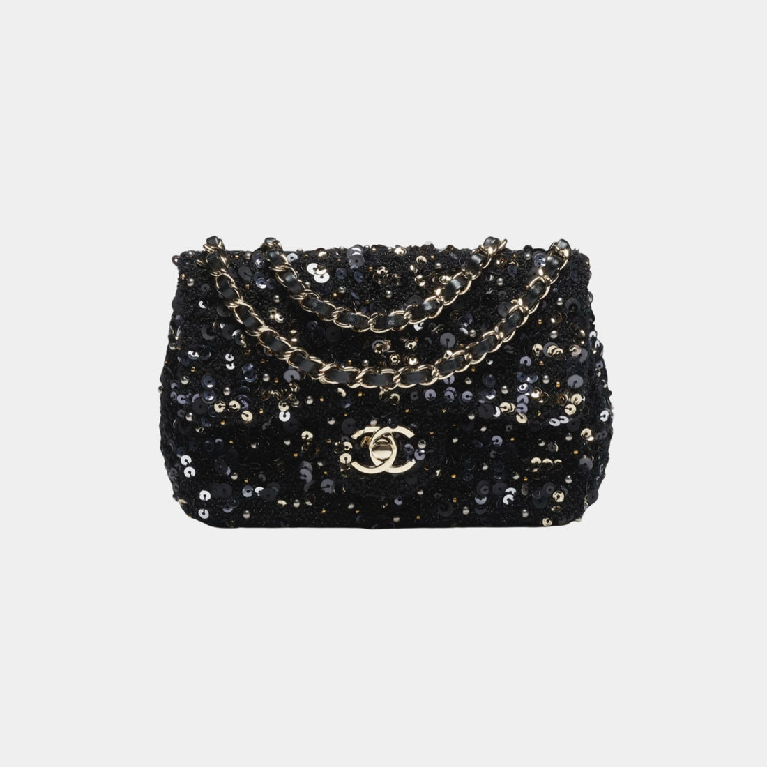 Chanel Mini Flap Bag in Sequins &amp; Imitation Pearls, Black, Front
