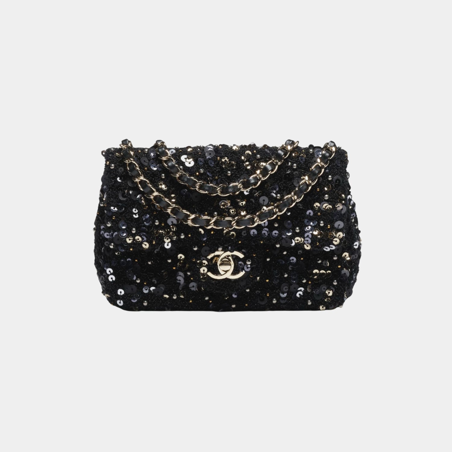 Chanel Mini Flap Bag in Sequins &amp; Imitation Pearls, Black, Front