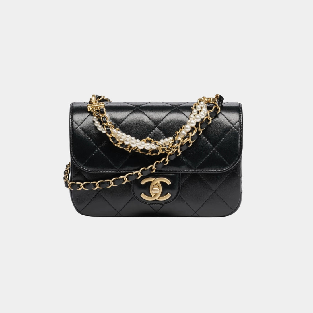 Chanel Mini Flap Bag in Shiny Lambskin and Pearls, Black, Front