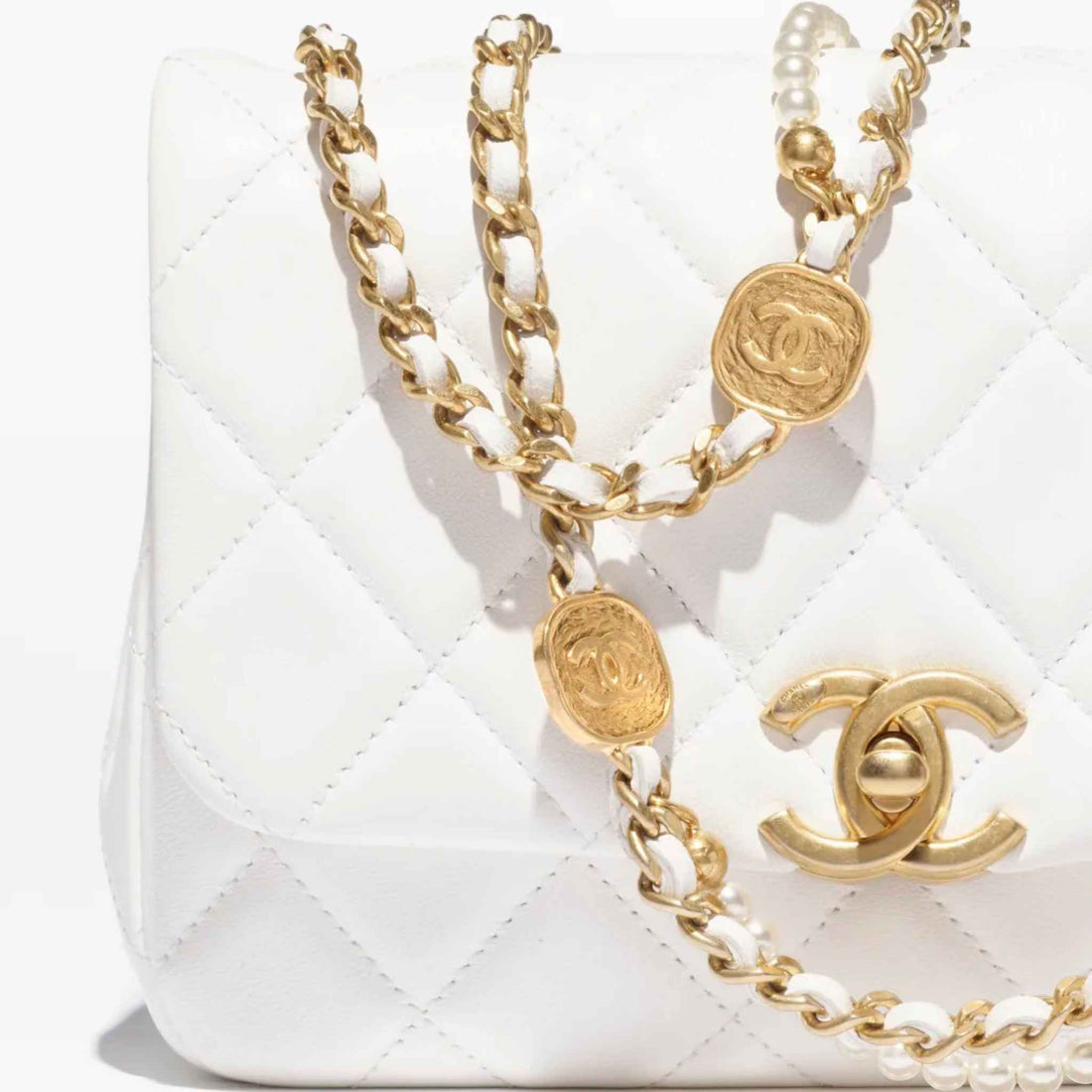 Chanel Mini Flap Bag Shiny Lambskin Pearls & Gold-Tone Metal White, Logo