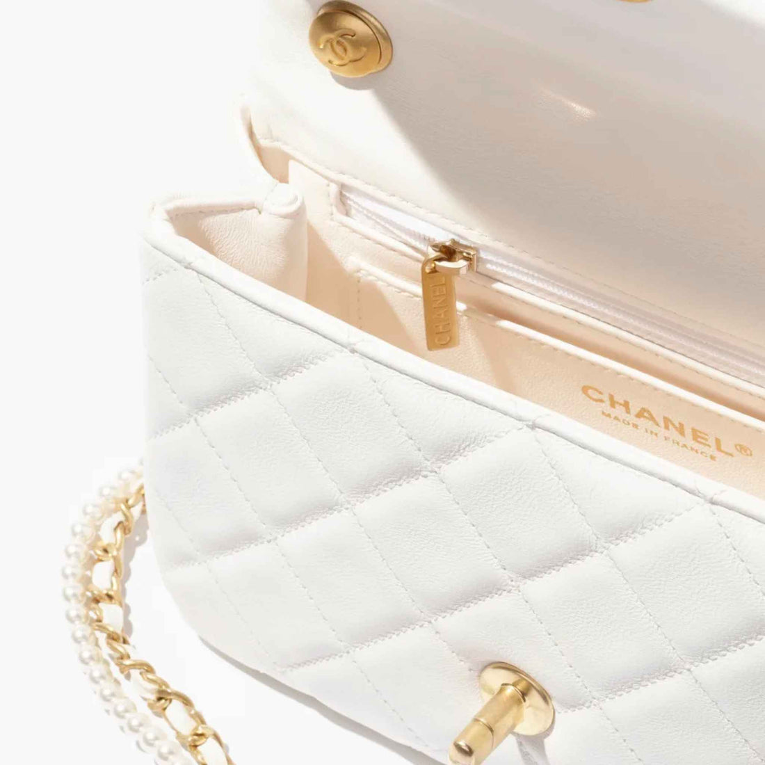 Chanel Mini Flap Bag Shiny Lambskin Pearls & Gold-Tone Metal White, Open