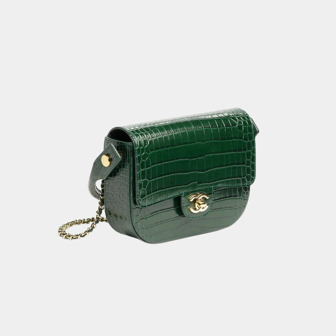 حقيبة Chanel ميني فلاب بمقبض علوي من جلد عجل بارز بنقشة التمساح، جانبي