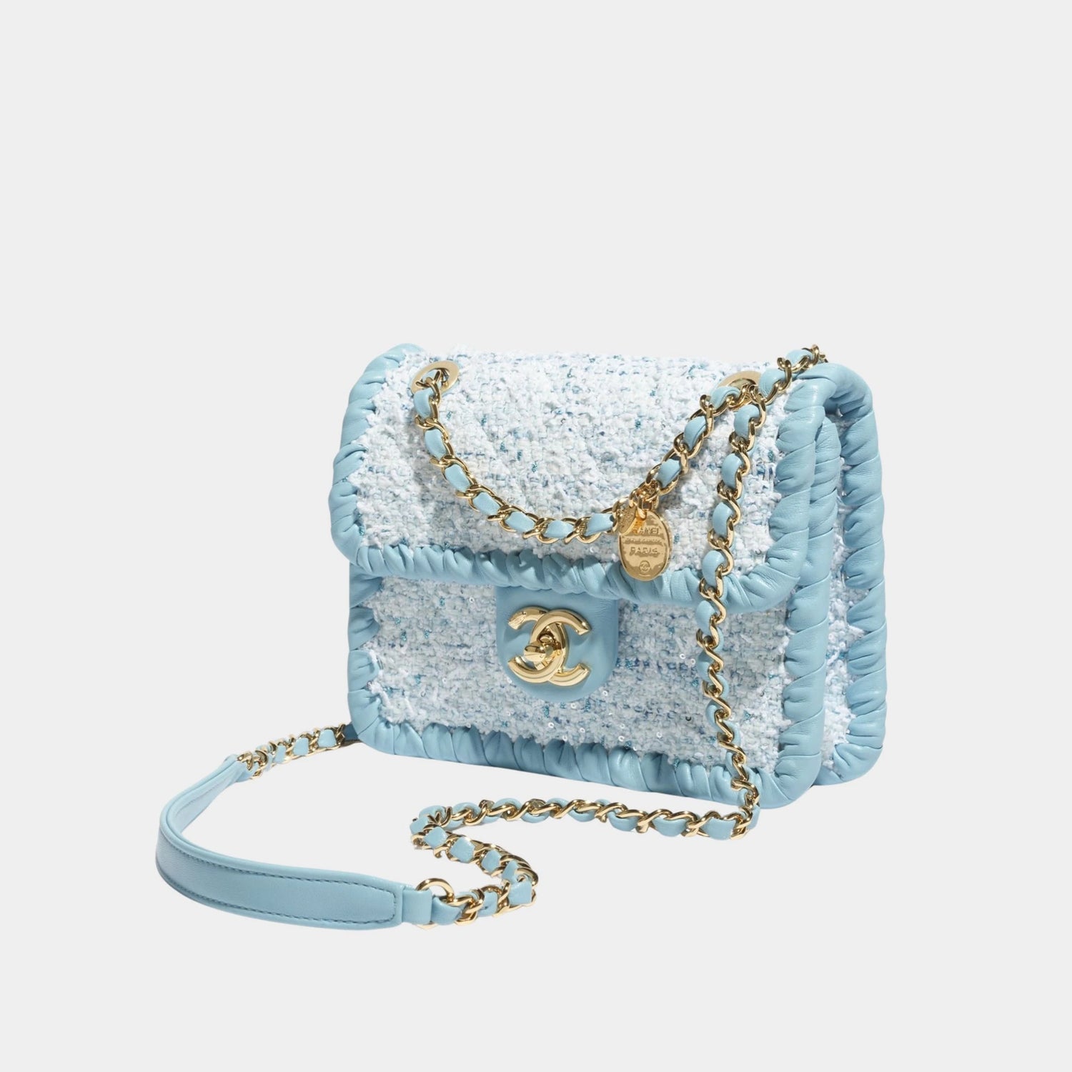Chanel Mini Flap Bag Tweed Braided Calfskin &amp; Gold Tone Metal, blue, Side
