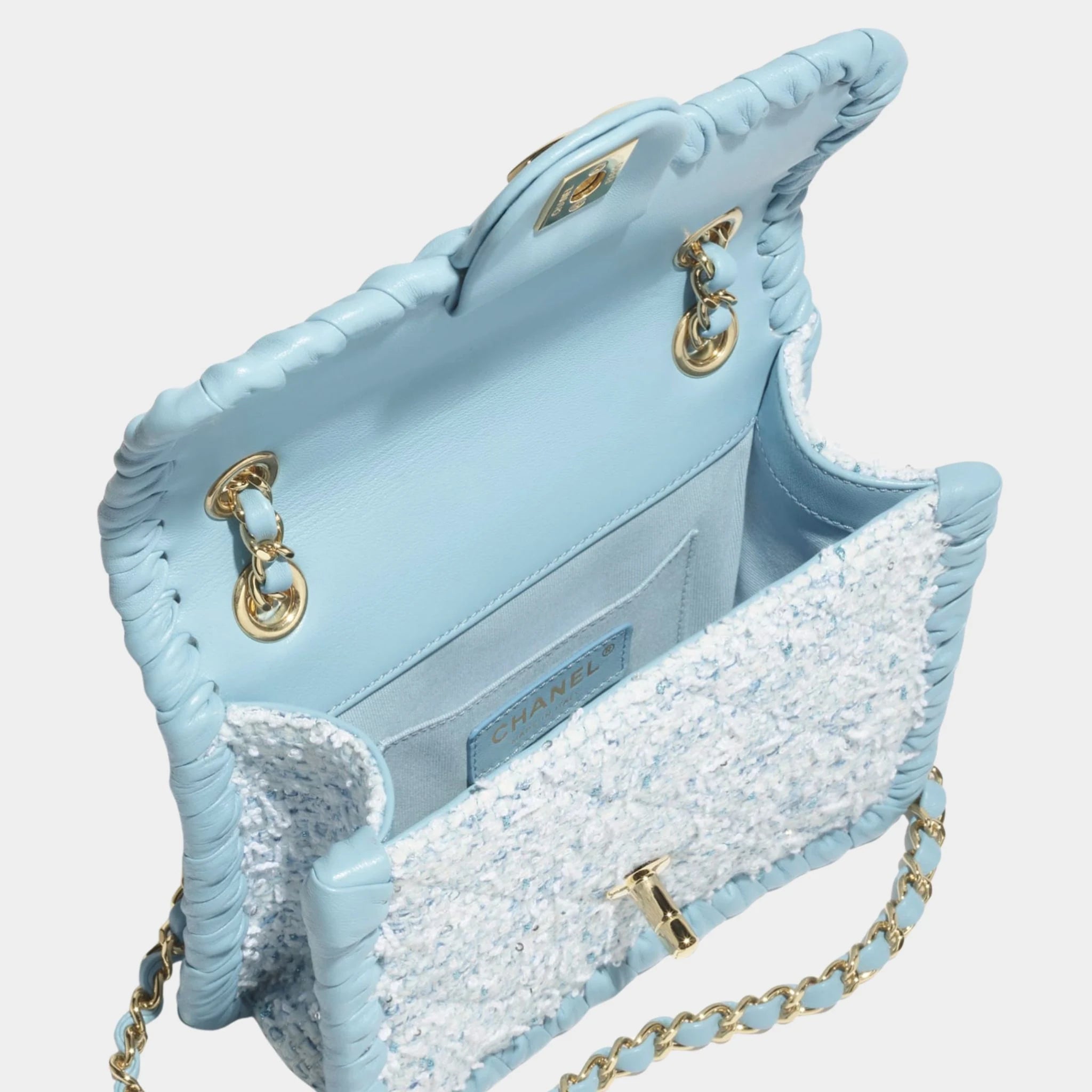 Chanel Mini Flap Bag Tweed Braided Calfskin &amp; Gold Tone Metal, blue, Top
