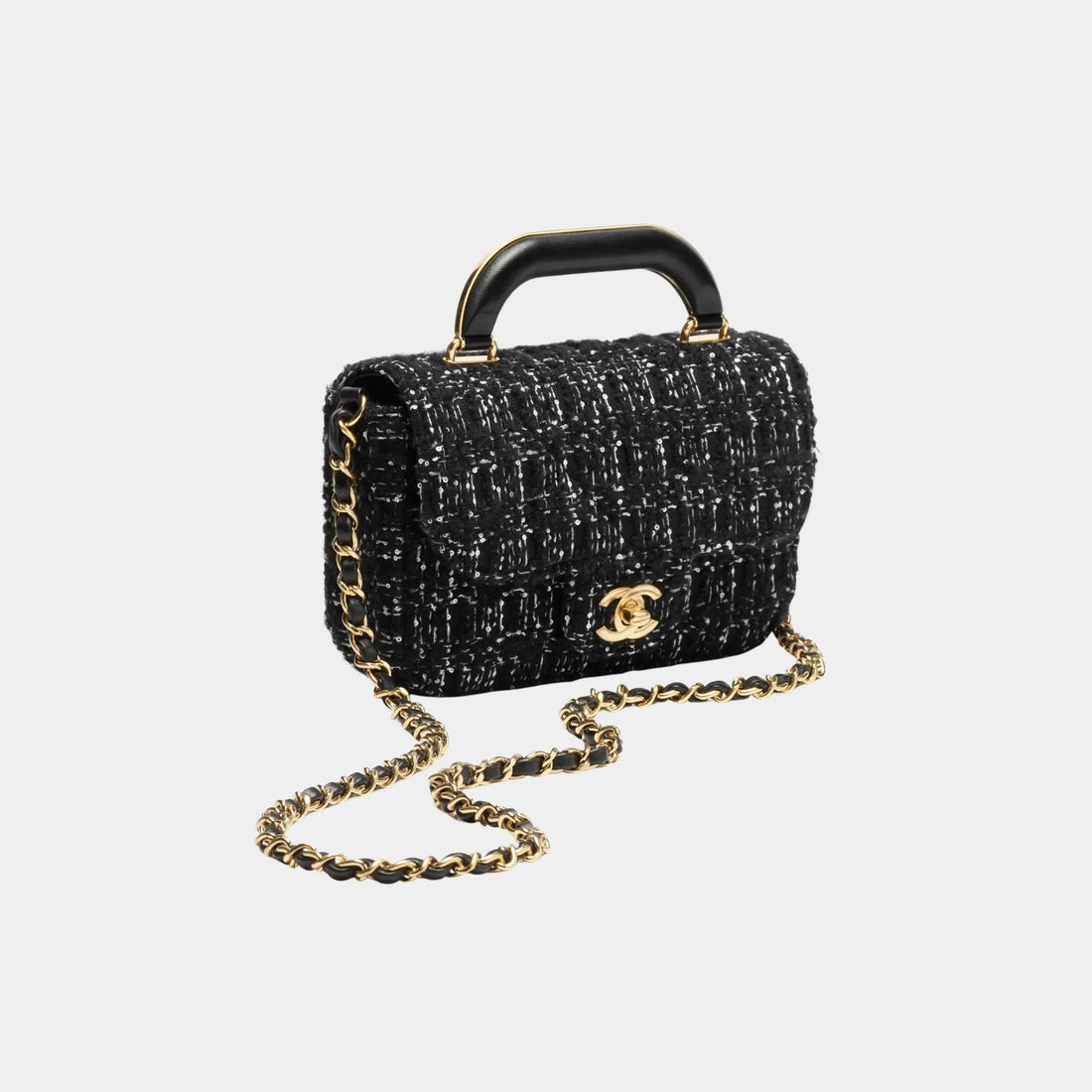 Chanel Mini flap Bag With Handle Cashmere Tweed &amp; Gold Metal Black &amp; White, Front