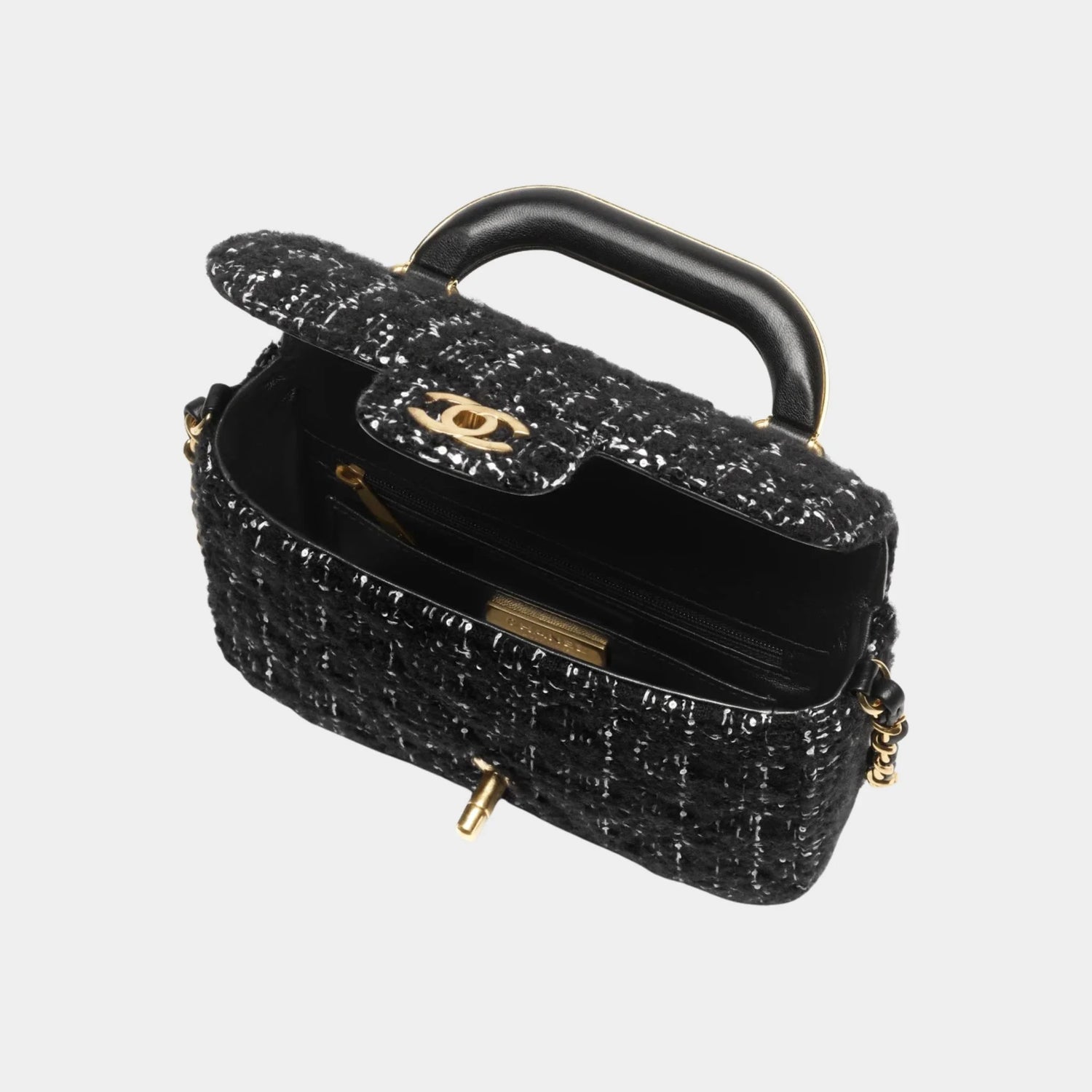 Chanel Mini flap Bag With Handle Cashmere Tweed &amp; Gold Metal Black &amp; White, Interior 