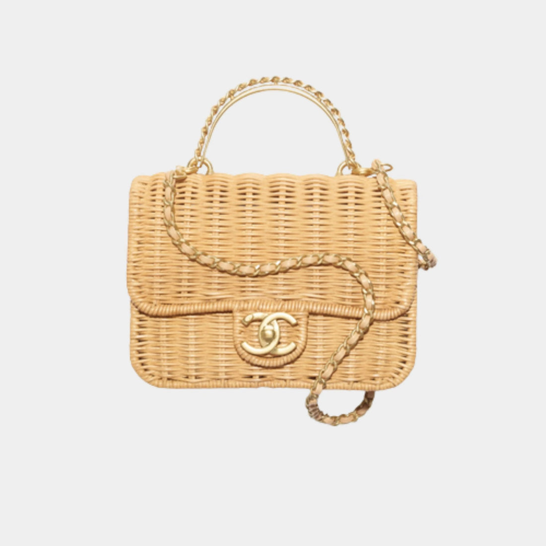 Mini Flap Bag with Top handle Braided Rattan &amp; Gold-Tone Metal