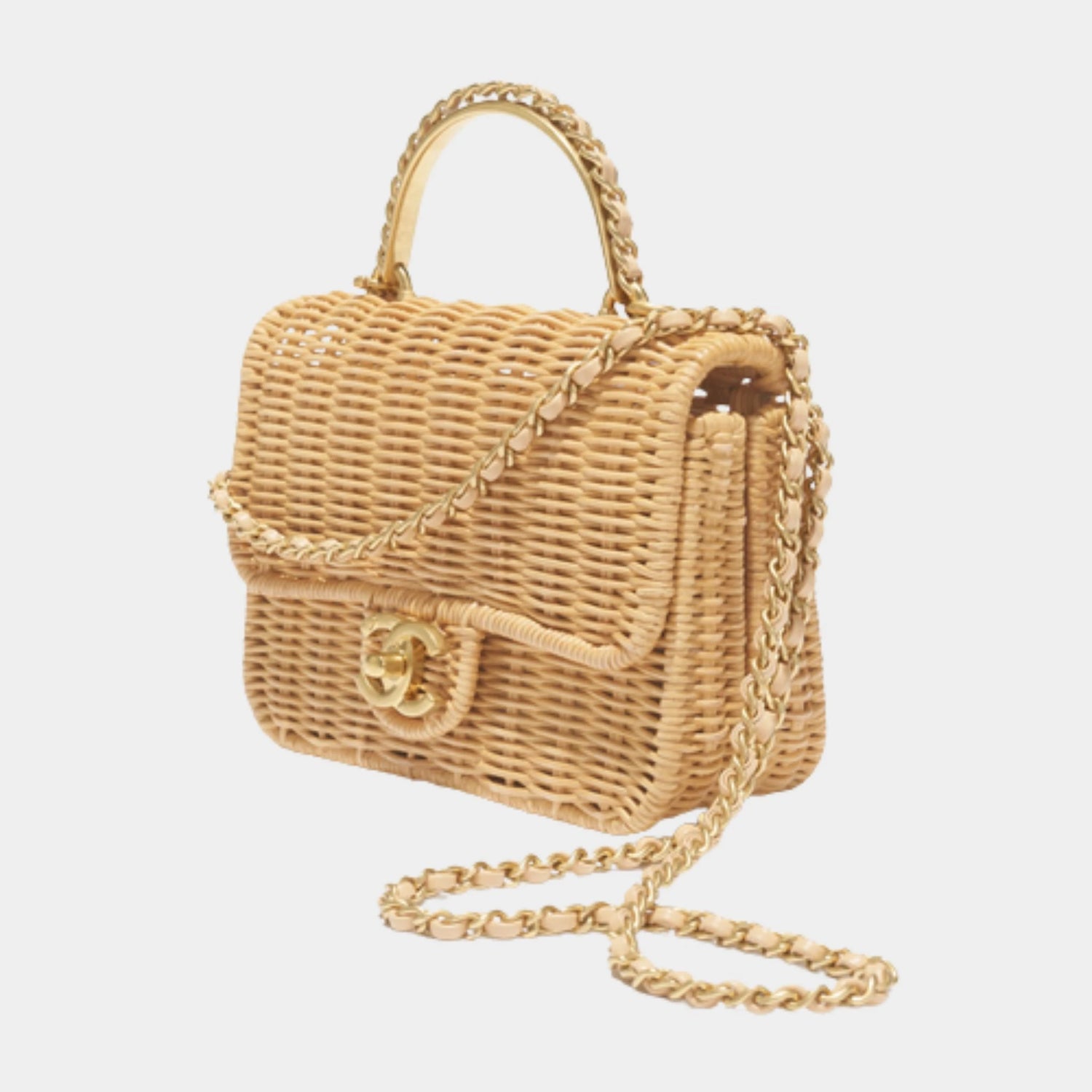 Mini Flap Bag with Top handle Braided Rattan &amp; Gold-Tone Metal
