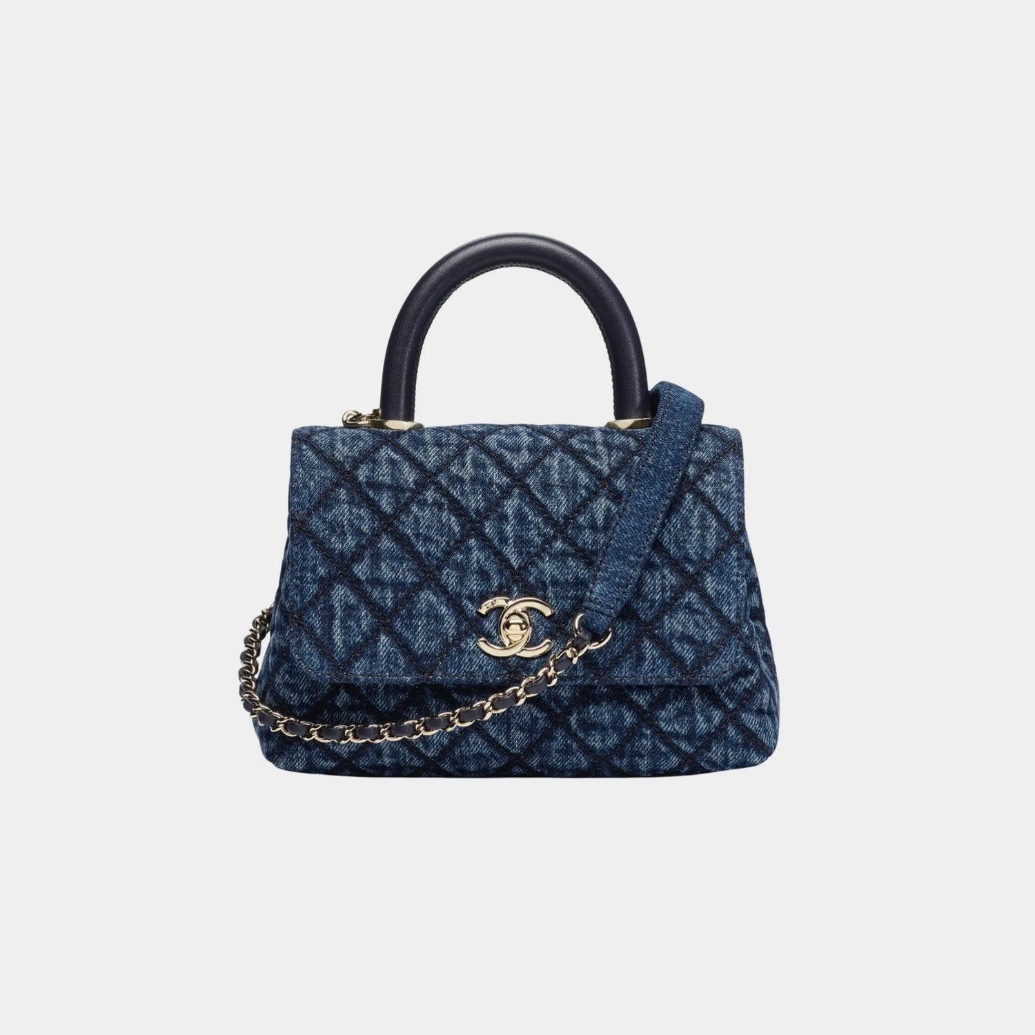 Chanel Mini Flap Bag With Top Handle denim Calfskin &amp; Gold Tone Metal, Front 