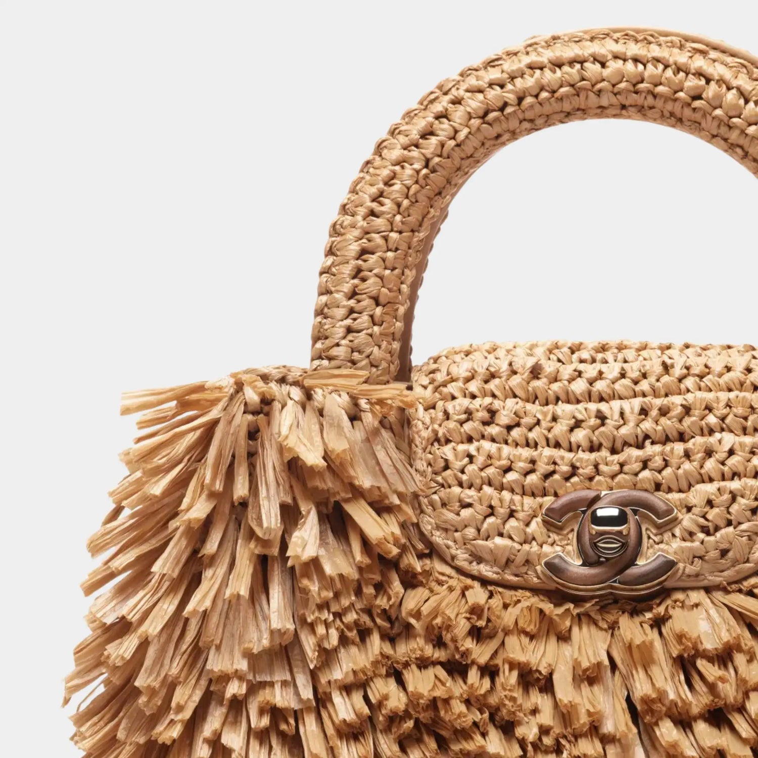 Chanel Mini Tote Bag Fringed Raffia Wood &amp; Gilded Metal Dark beige, front closeup