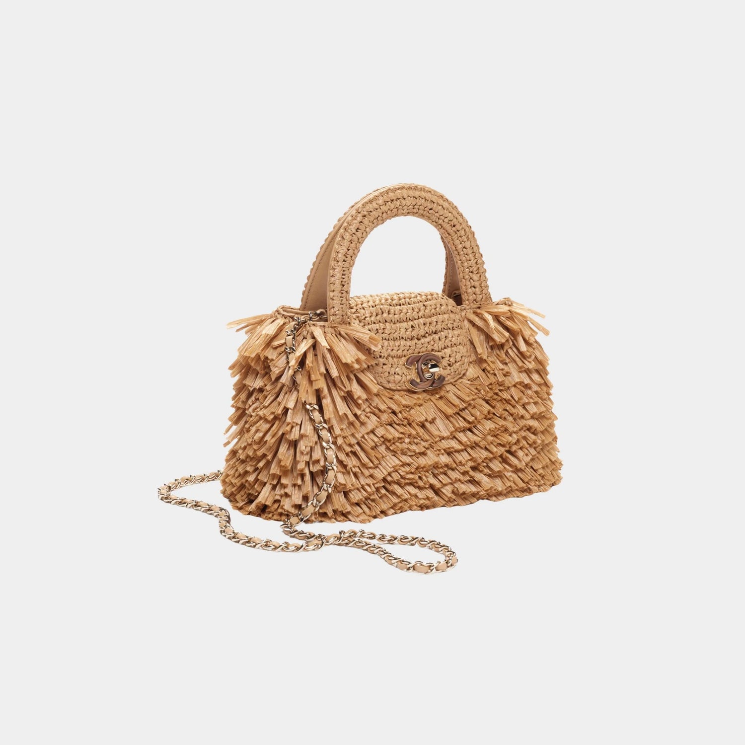 Chanel Mini Tote Bag Fringed Raffia Wood &amp; Gilded Metal Dark beige, Front 