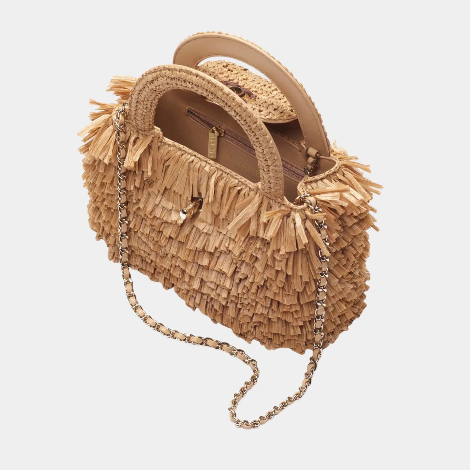 Chanel Mini Tote Bag Fringed Raffia Wood &amp; Gilded Metal Dark beige, top