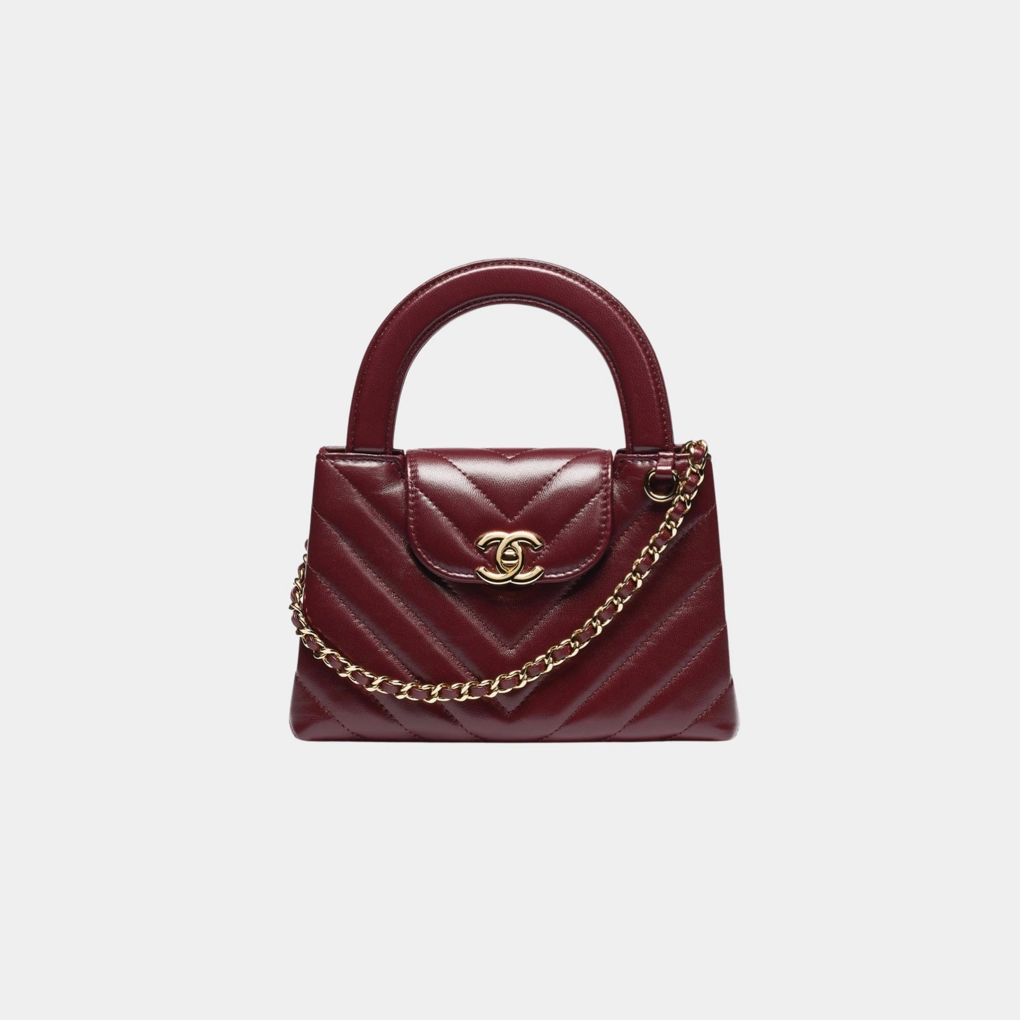 Chanel Mini Tote Bag Shiny Lamb &amp; Gold-Plated Metal , Front , Burgundy