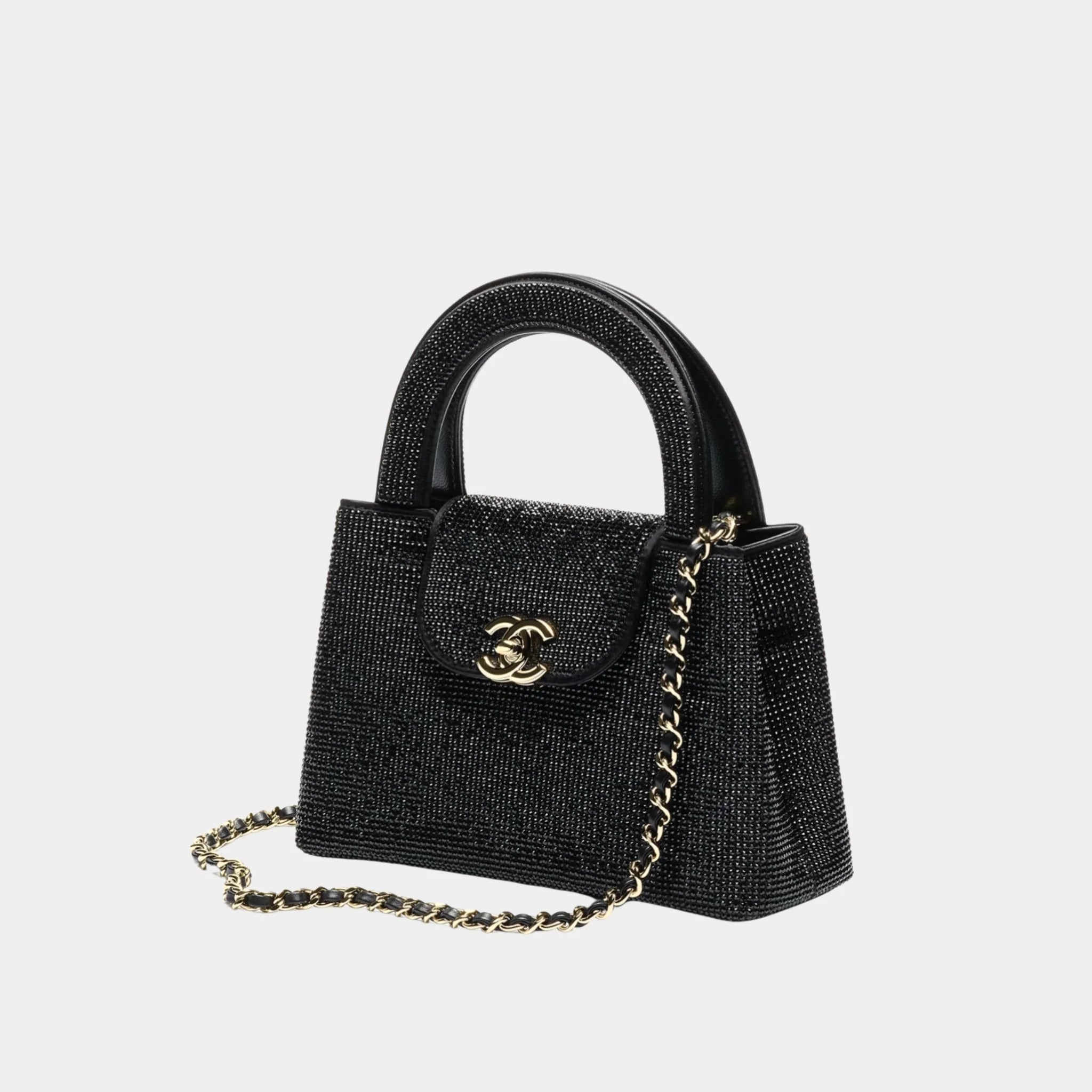 Chanel Mini Tote Strass &amp; Gold-Tone Metal Black Front 