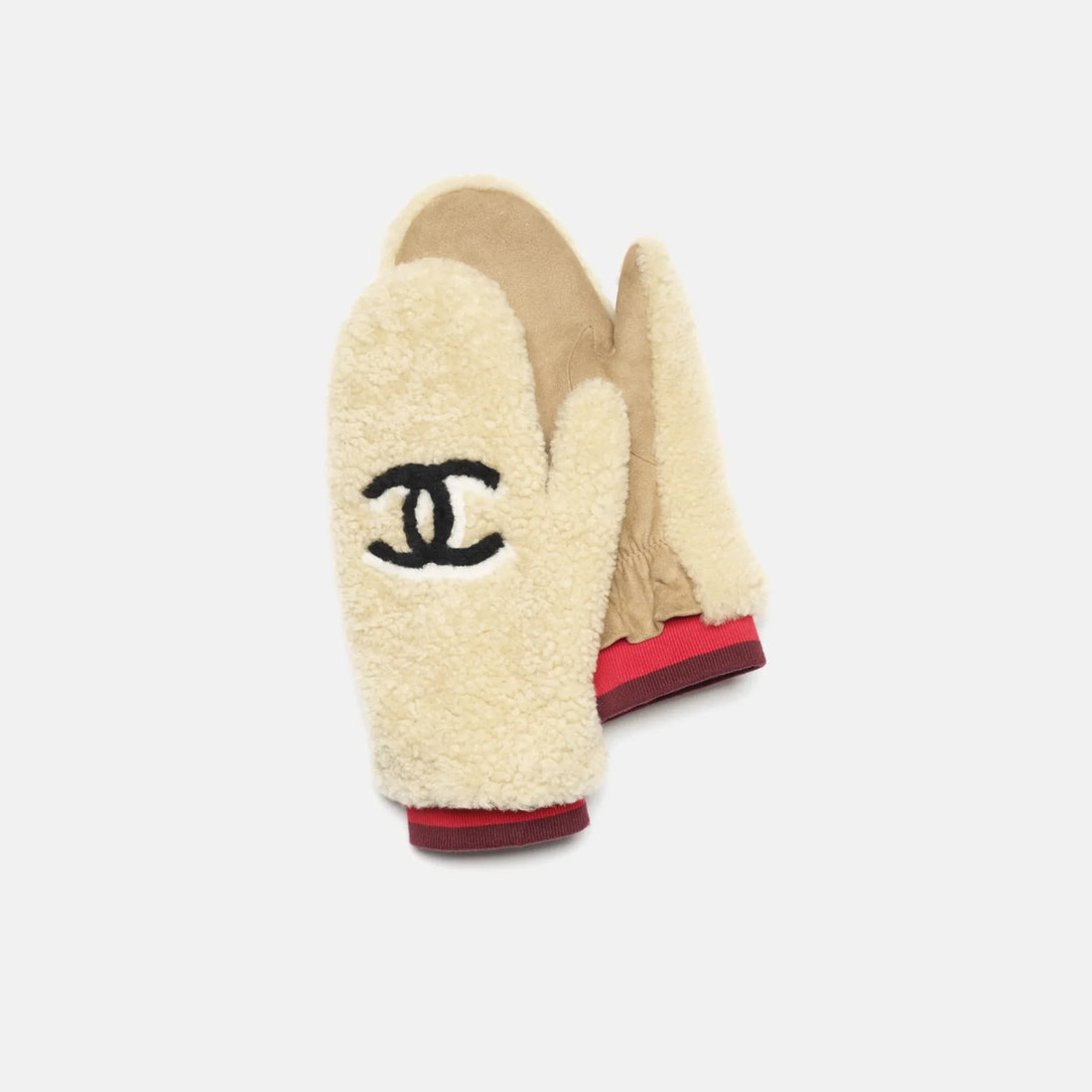 Chanel Mittens shearling lambskin beige black and red Coco Neige 2026 front view