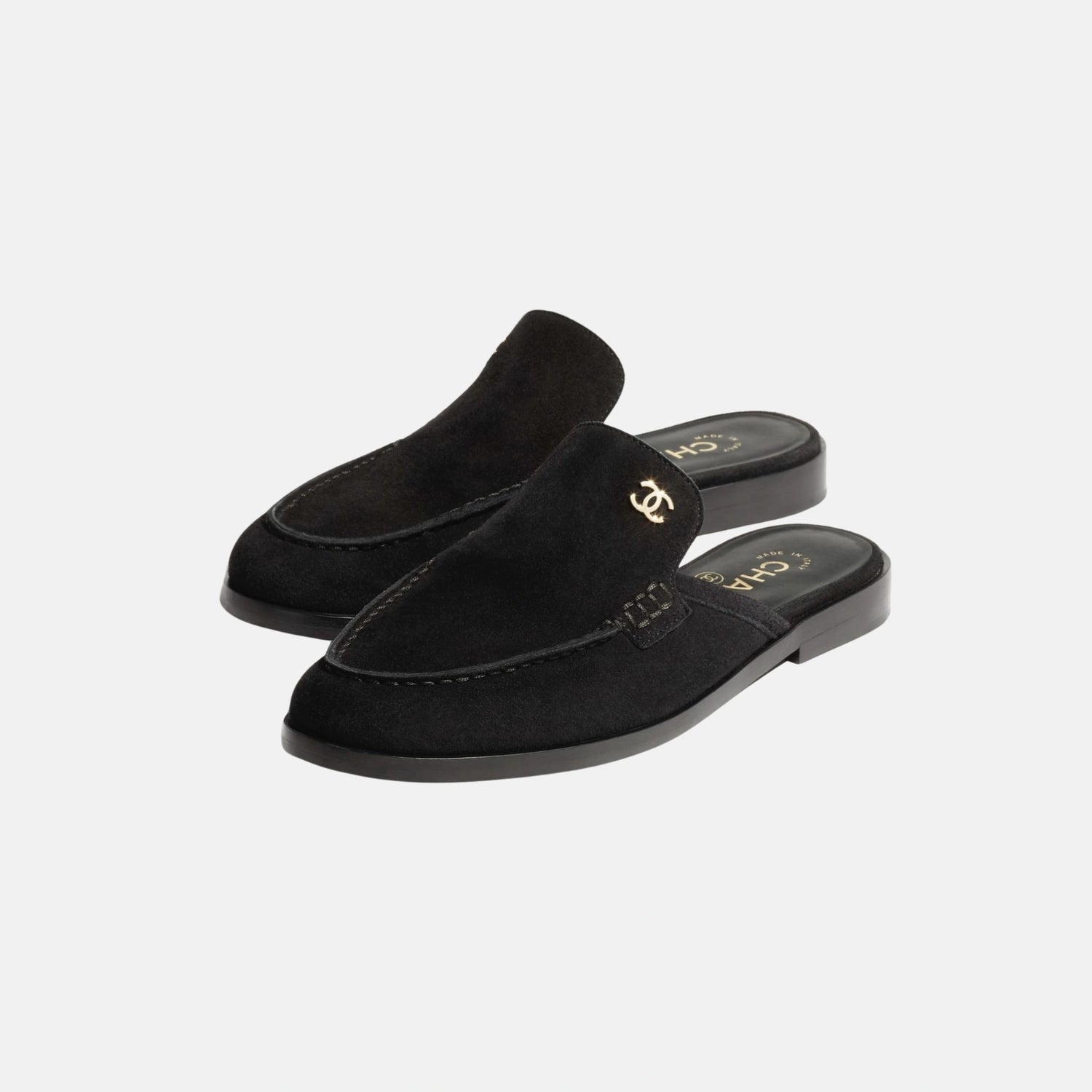 Chanel Mules in Black Calfskin, Suede, Front