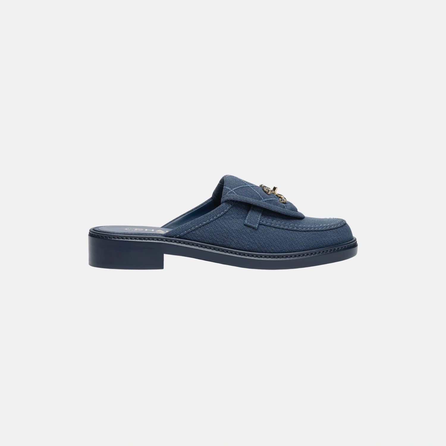 Chanel Mules in Cotton, Navy Blue, Side