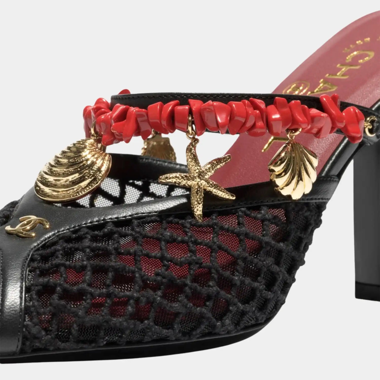 Chanel Mules in Mesh Cotton Lambskin Resin &amp; Metal, Black, Close