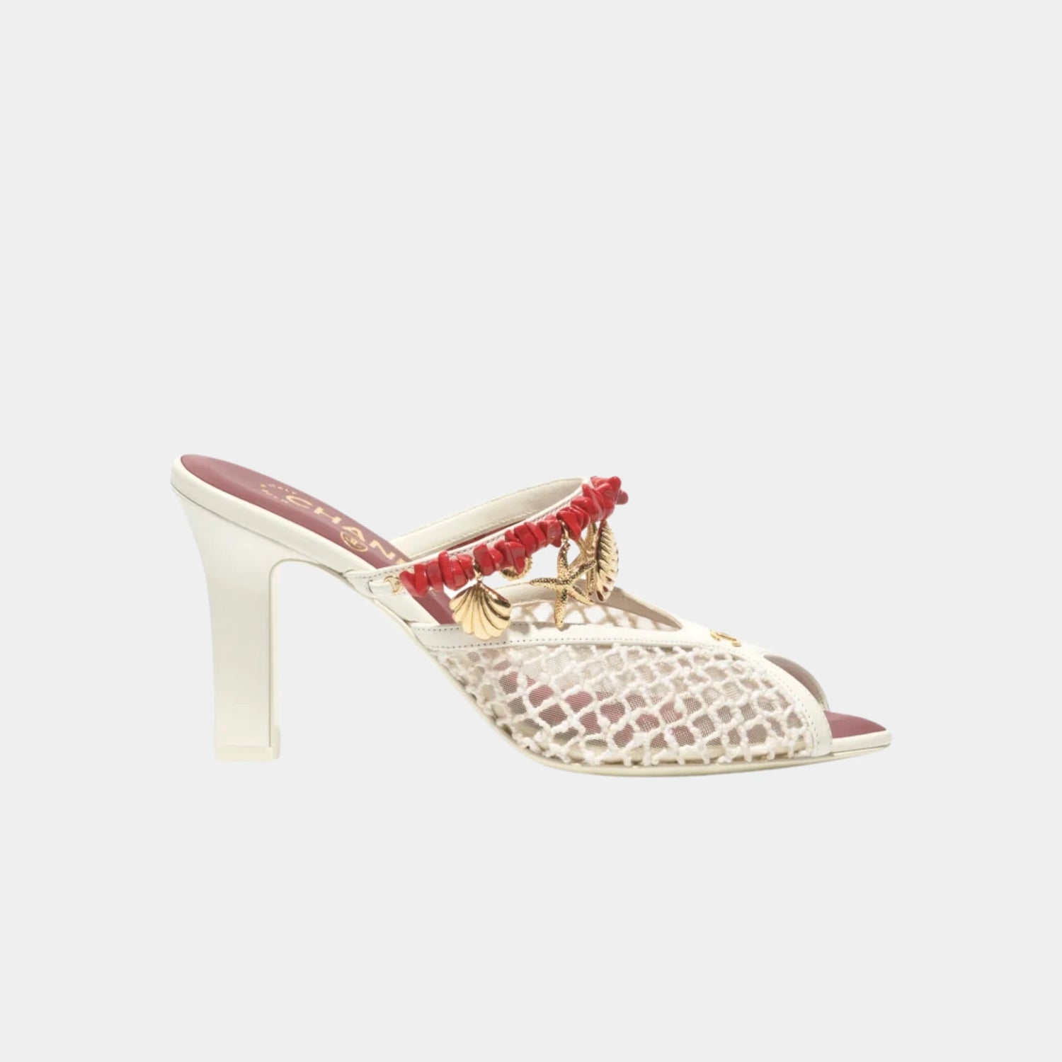 Chanel Mules in Mesh Cotton Lambskin Resin &amp; Metal, White, Side