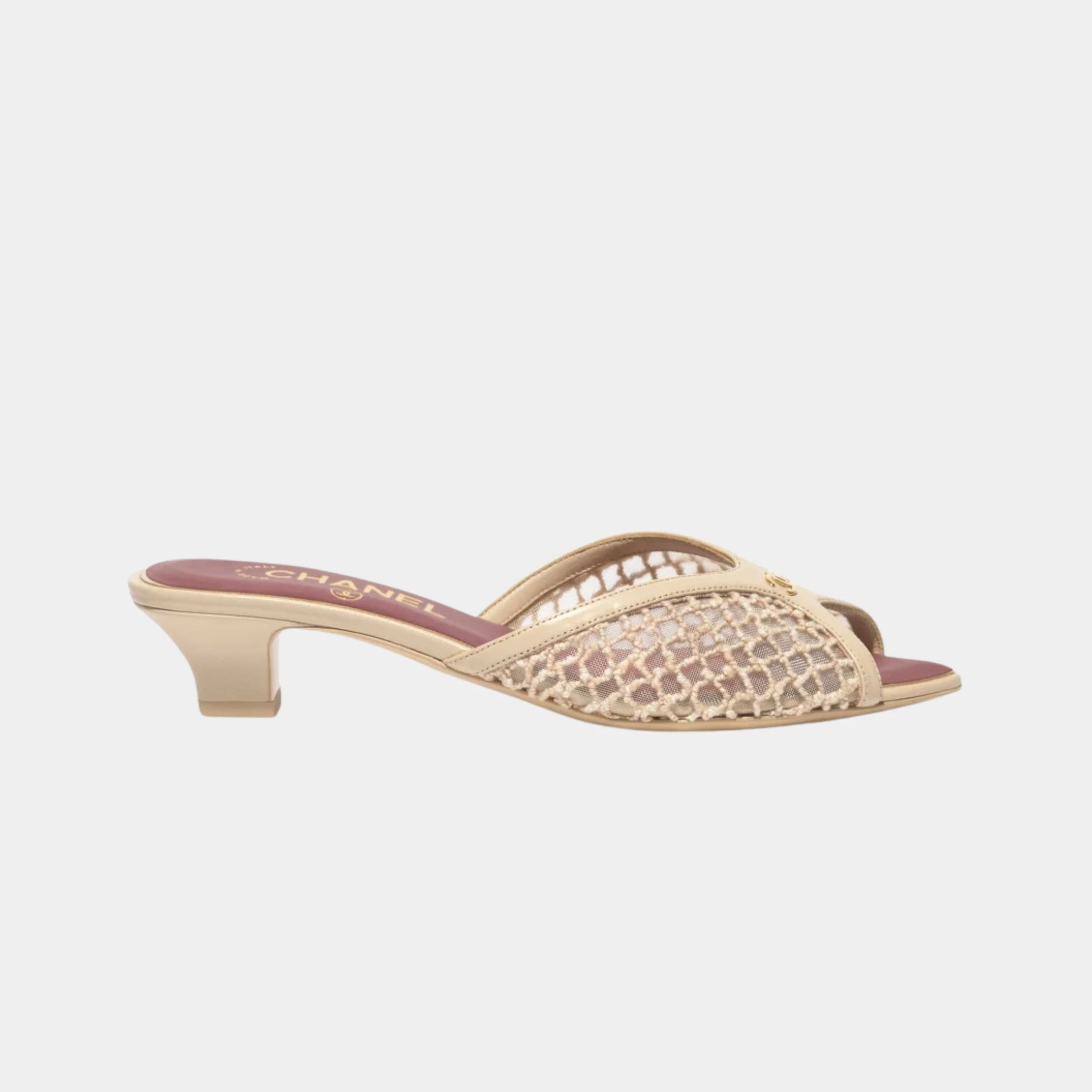 Chanel Mules in Mixed Fibers Cotton &amp; Lambskin, Light Beige, Side