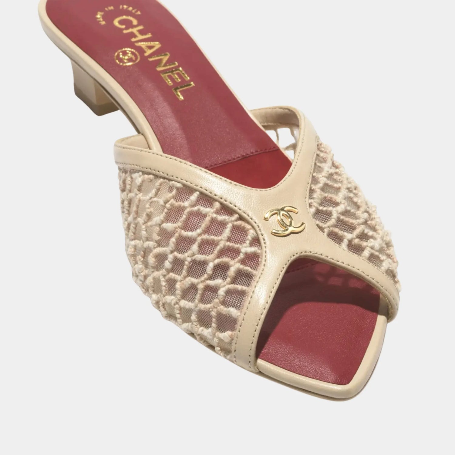 Chanel Mules in Mixed Fibers Cotton &amp; Lambskin, Light Beige, Top