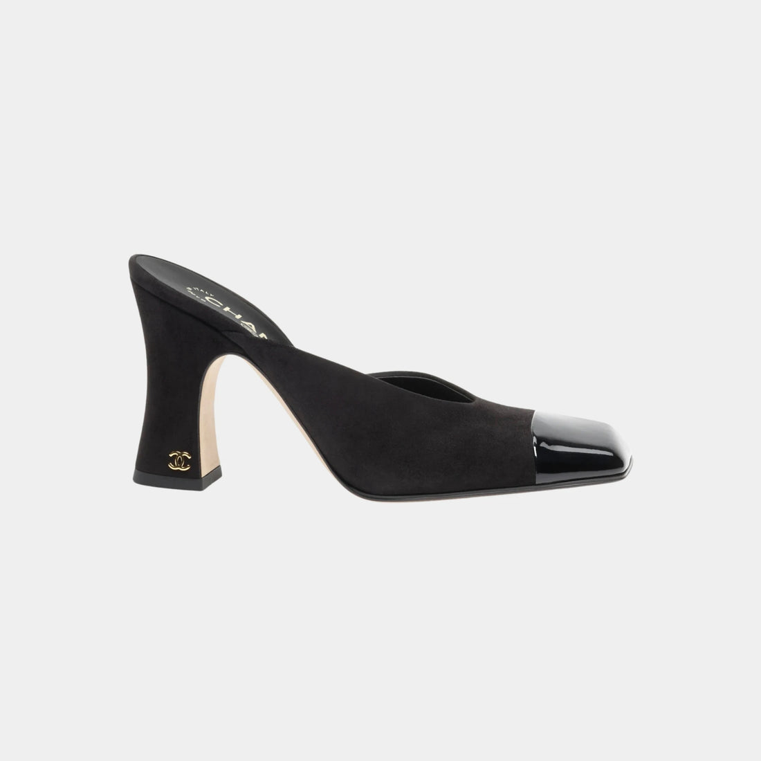 Chanel Mules in Suede Kidskin & Patent Calfskin, Black, Side
