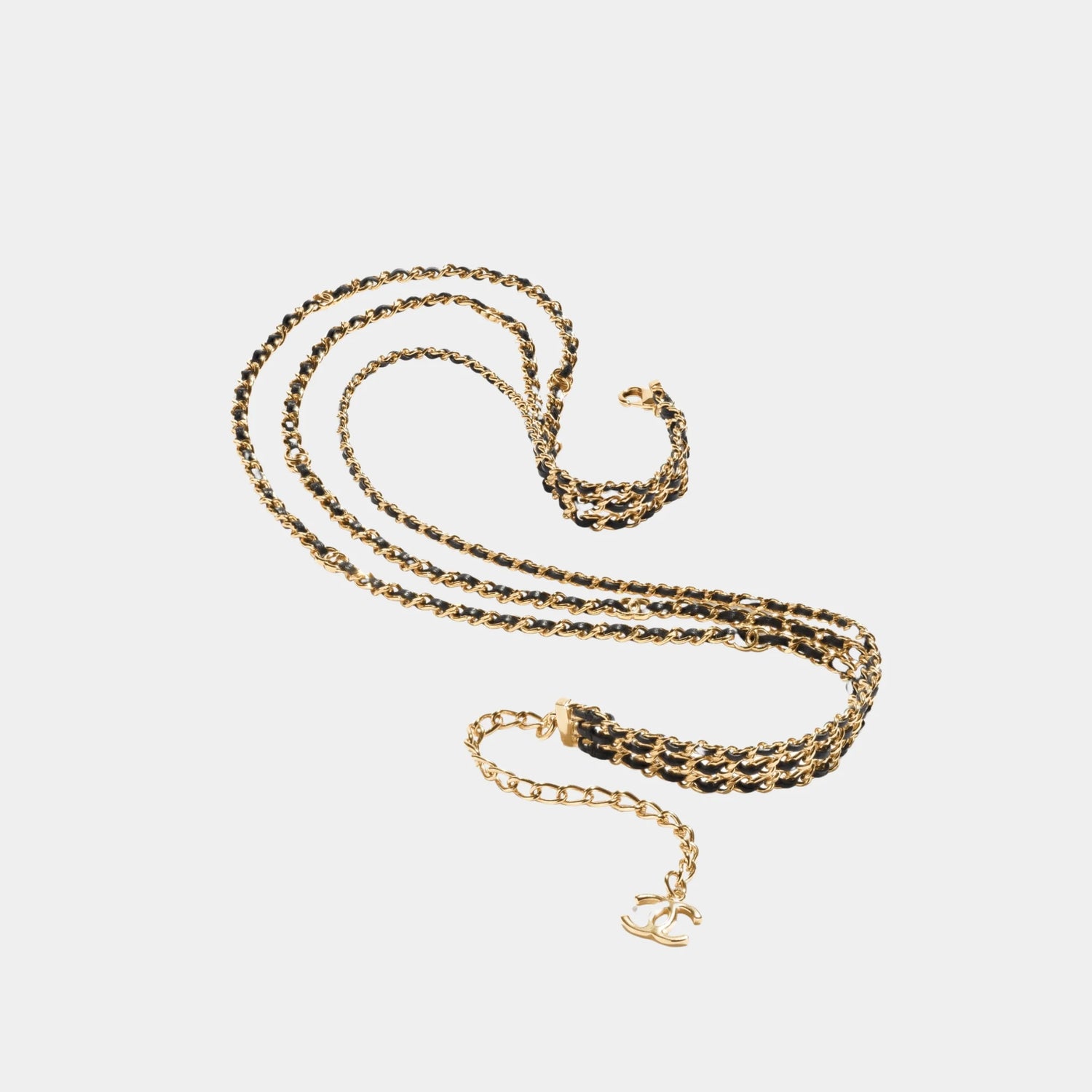 Multi Strand Necklace in Gold Metal and Black Lambskin