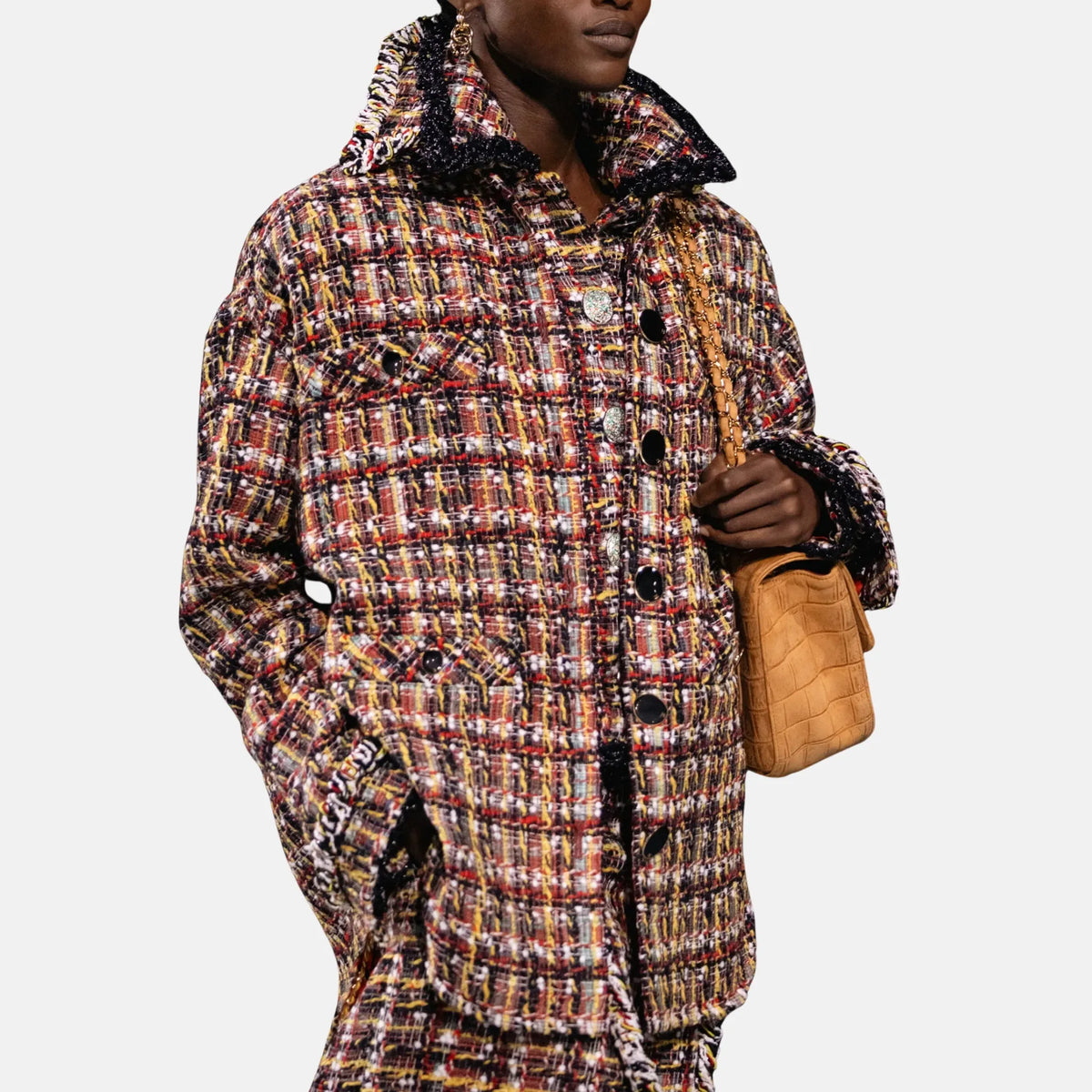 Chanel Overshirt Black Wool Red Tweed in Yellow and White