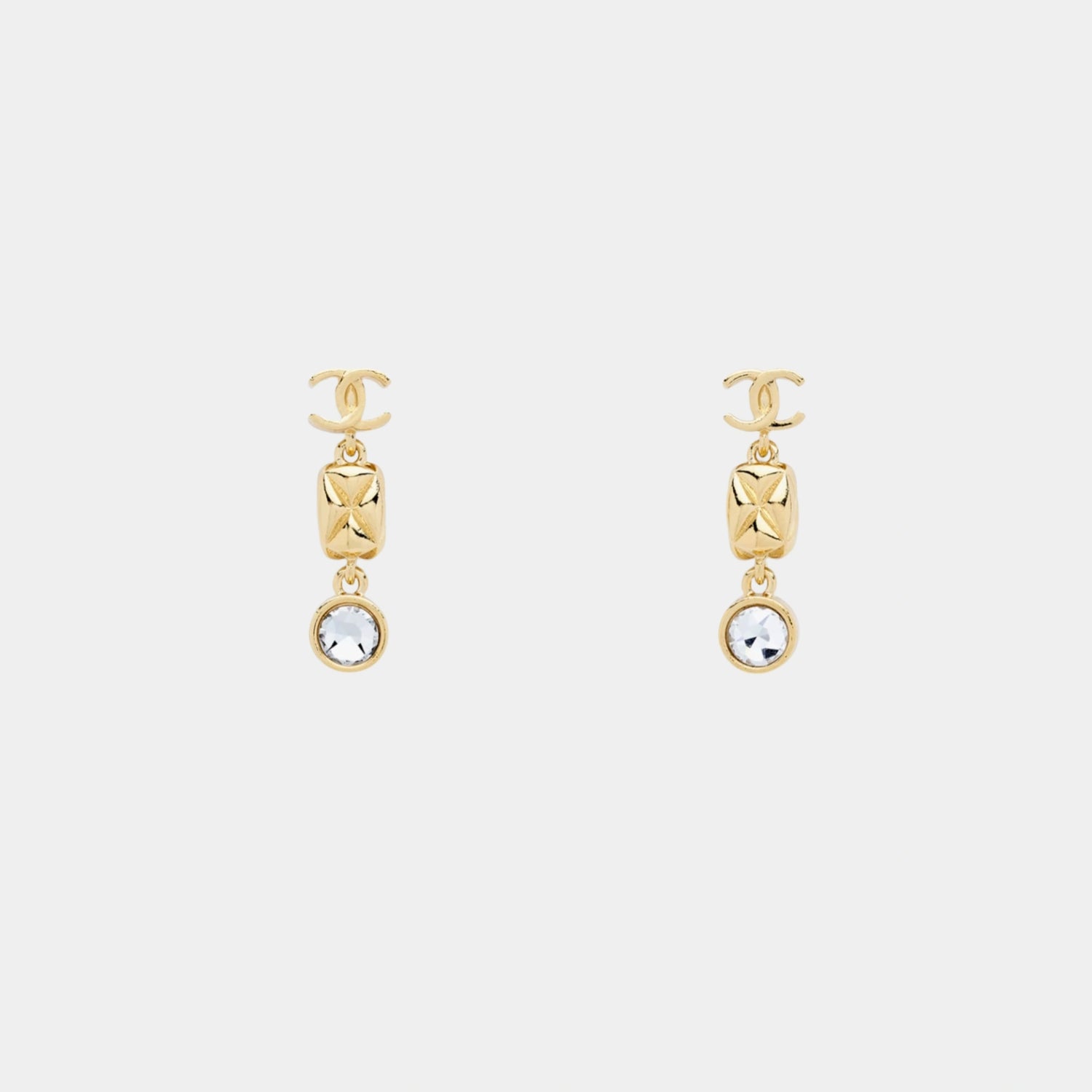 Chanel Pendant Earrings in Gold Metal with Diamantes, Front