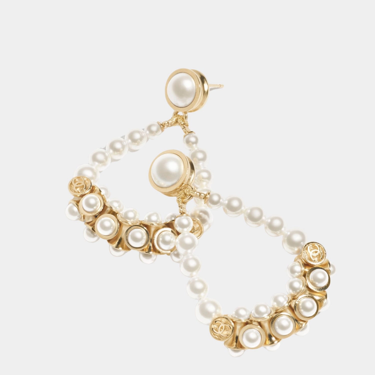 Pendant Earrings Metal &amp; Glass Pearls Gold &amp; Pearly White